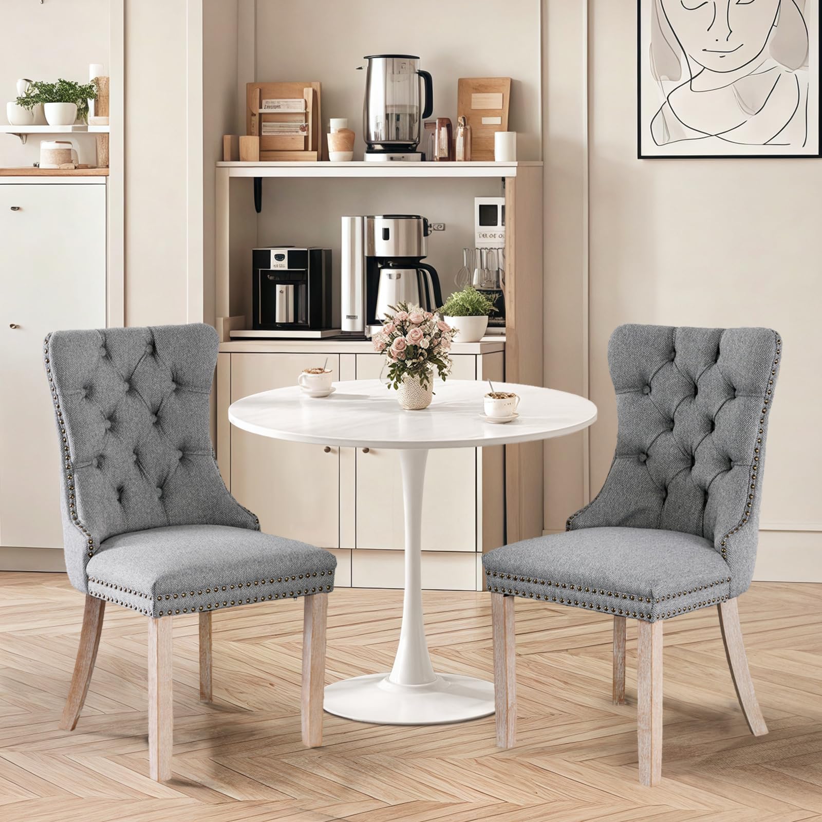 SoarFlash Kitchen Table and Chairs for 2, 24" Dining Table Set for 2 with Linen Upholstered Chairs, 3 Piece Round Kitchen Table Set, Dining Room Table