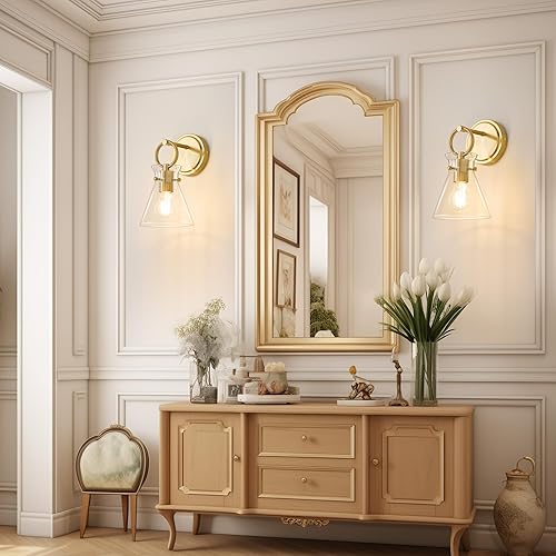 Miniatura 5 de Juego de 2 apliques de pared dorados modernos para montaje en pared de baño, lámparas de pared cableadas con pantalla de vidrio transparente de 6