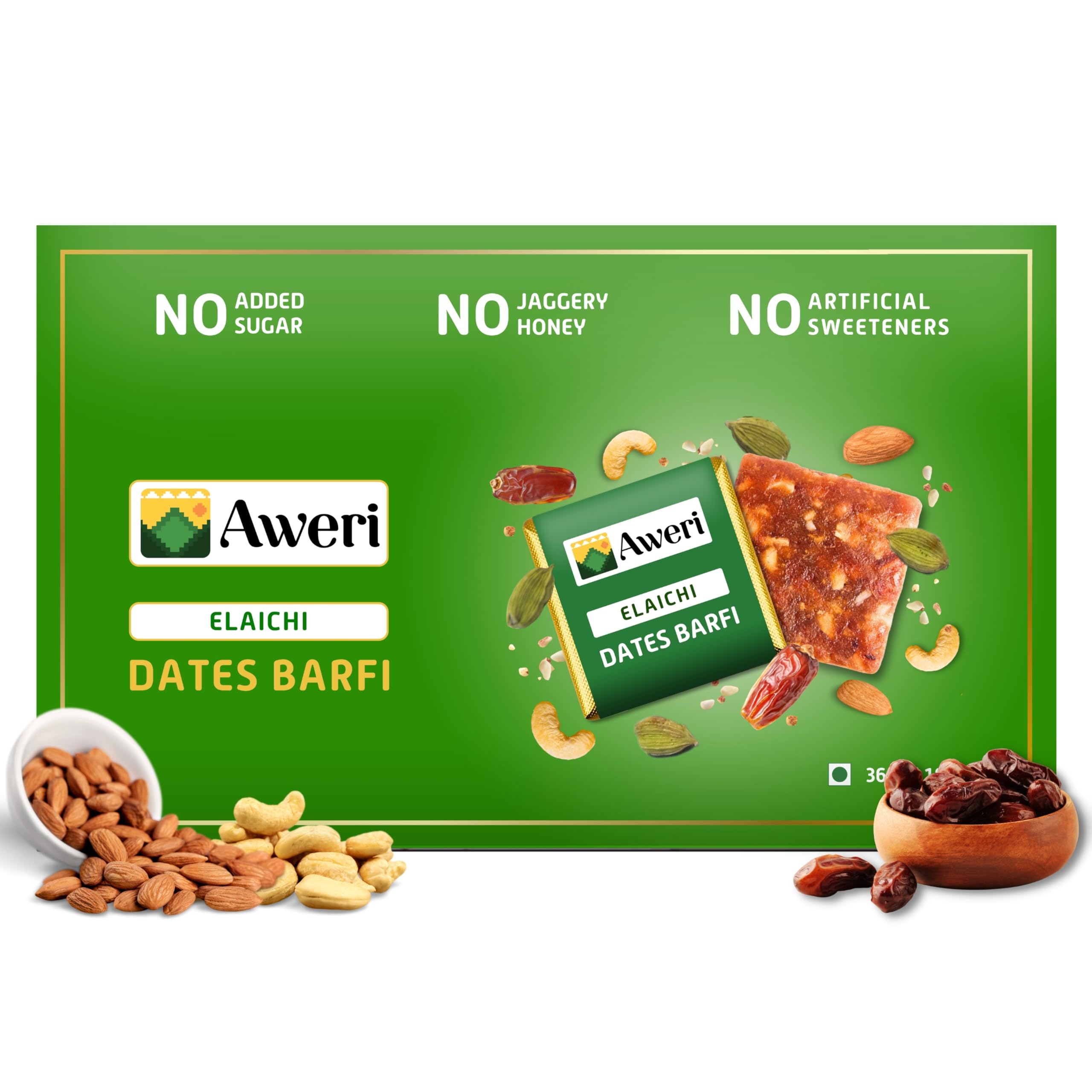 Aweri Elaichi Dates Barfi (360 Gram): No Added Sugar Healthy Date Bite | Dry Fruit Barfi | Dates, Almonds, Cashews, Ghee | Elaichi Barfi | Indian Sweet Mithai Gift Pack | Khajoor Barfi | Date Chikki