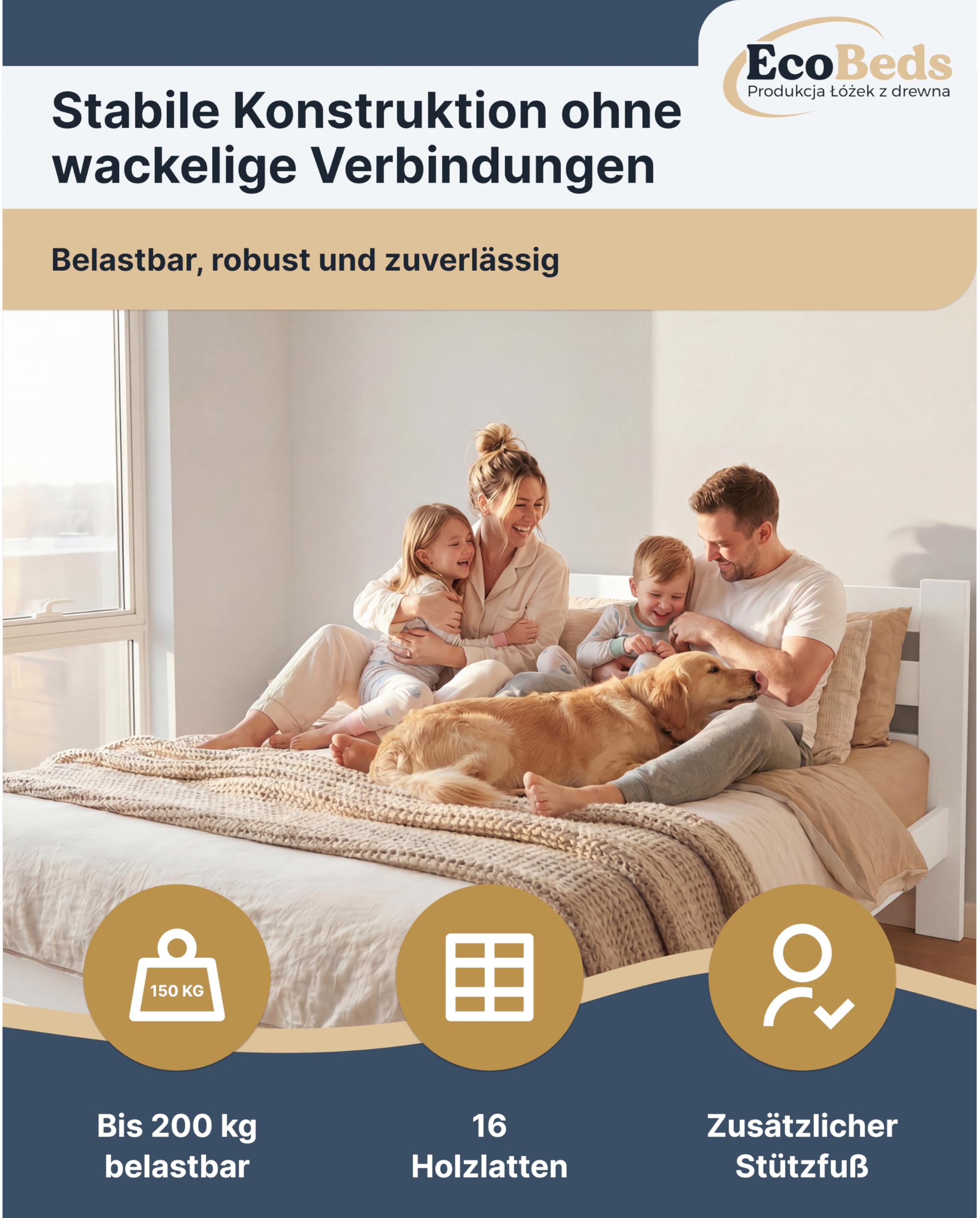 EcoBeds EKO Holzbett 180x200 cm Kiefer Massivholz bis 200 kg | Weiß - Doppelbett, Bettgestell mit Lattenrost und Stauraum, für Erwachsene, robust, einfache Montage
