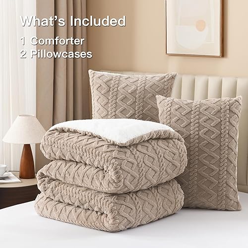 Miniatura 6 de Andency Juego de edredón esponjoso de color caqui, tamaño Queen, juego de edredón de 3 piezas de pelo sintético suave y mullido para cama Queen,