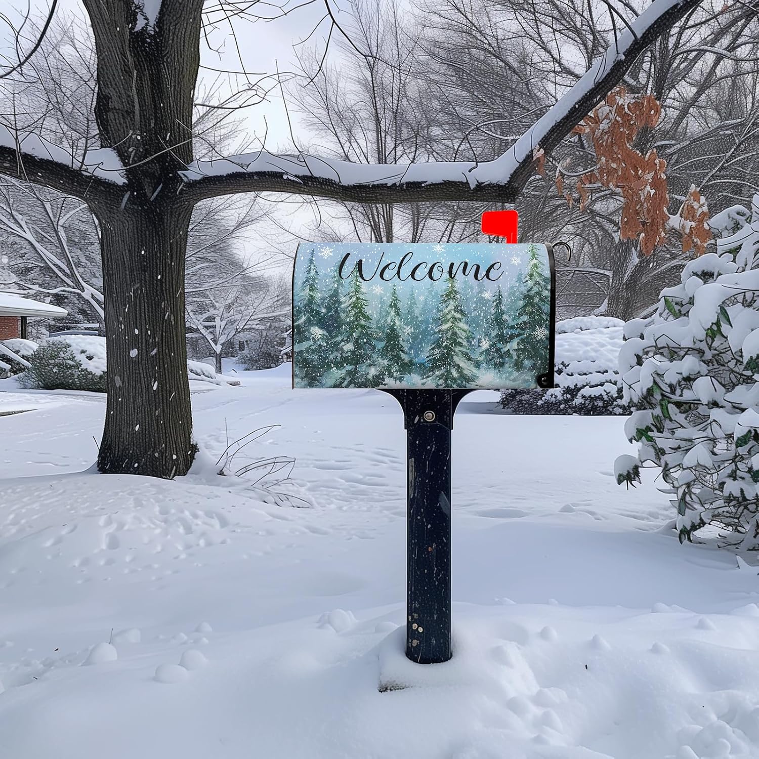 Winter Welcome Mailbox Covers Magnetic Forest Pine Tree Mailbox Cover Standard Size 21x18 Inch Snowflakes Outdoor Letterbox Wraps for Garden Yard Winter Decor image 2