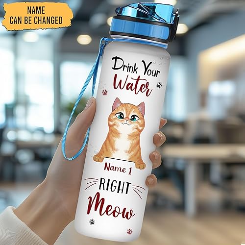 Vista 8 de Hyturtle Botella de agua personalizada para gatos, botella de agua motivacional de 32 onzas con tapa a prueba de fugas y marcador de tiempo, sin