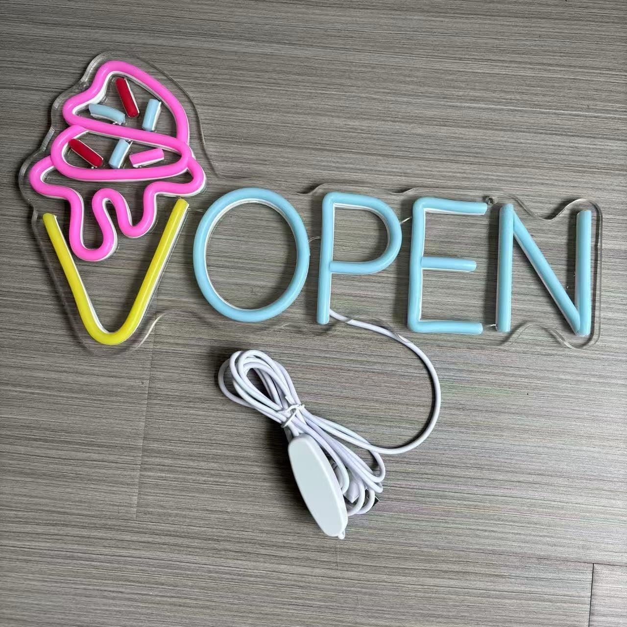 Ice Cream Open Sign, Ice Cream Led Logo Sign Open Neon Sign Custom Neon Sign For Coffee Shop Restaurant Open Led Neon Light Wall Decor