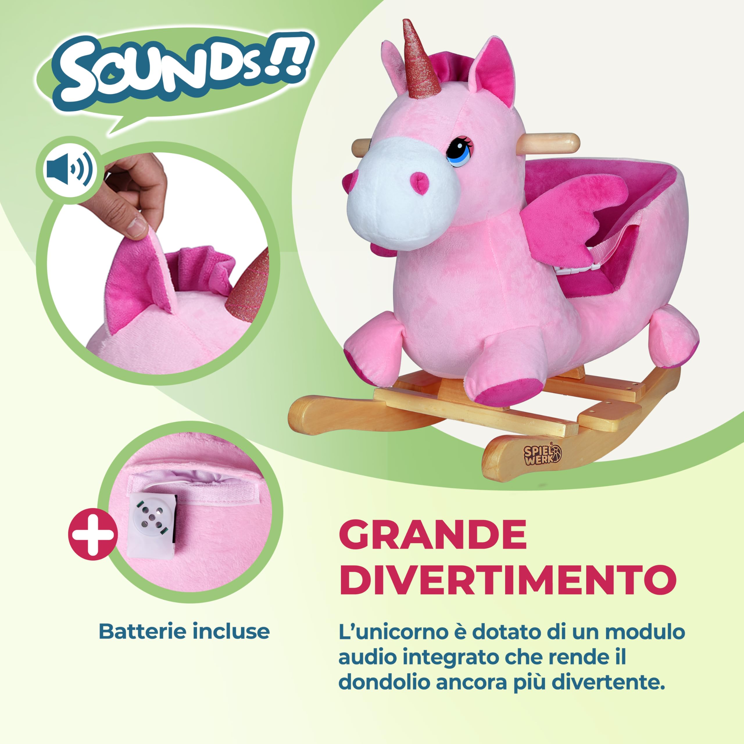 DEUBA® Unicorno Rosa Peluche a Dondolo Legno con Suoni Cintura di Sicurezza Giochi Infanzia Bambini Giocattolo Regalo