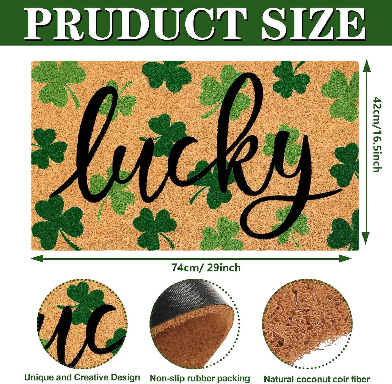 JarThenaAMCS St. Patrick's Day Natural Coir Door Mat Lucky Clover Welcome Floor Mat Green Shamrock Non-Slip Entrance Door Rugs for Irish Holiday Indoor Outdoor Home Bathroom Decor, 16.5 x 29 Inch