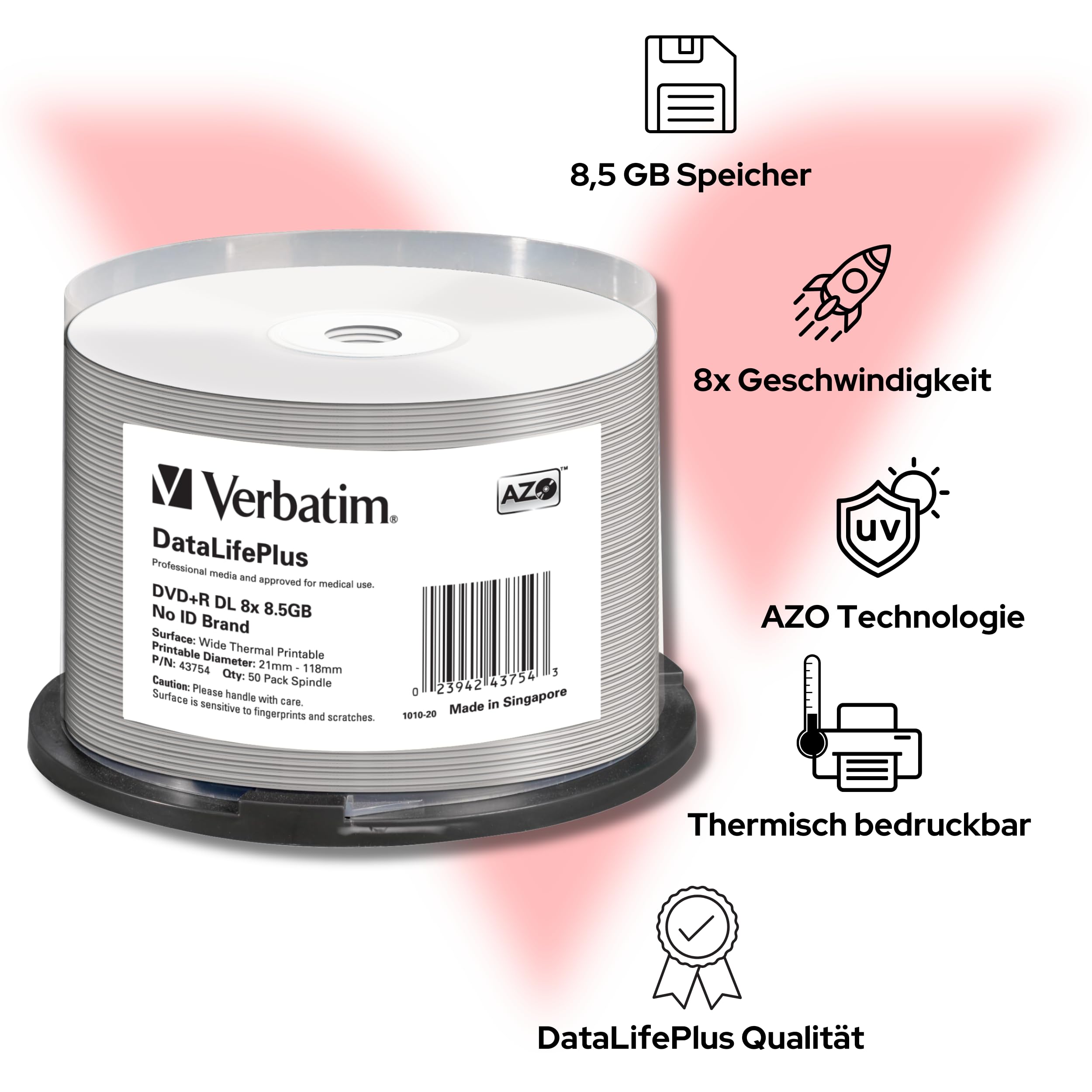 Verbatim DVD-R 8x Double Layer Wide Thermal Printable 8.5GB, DataLifePlus, 50er Pack Spindel, DVD Rohlinge thermal bedruckbar, 8-fache Brenngeschwindigkeit, DVD-R printable, DVD leer