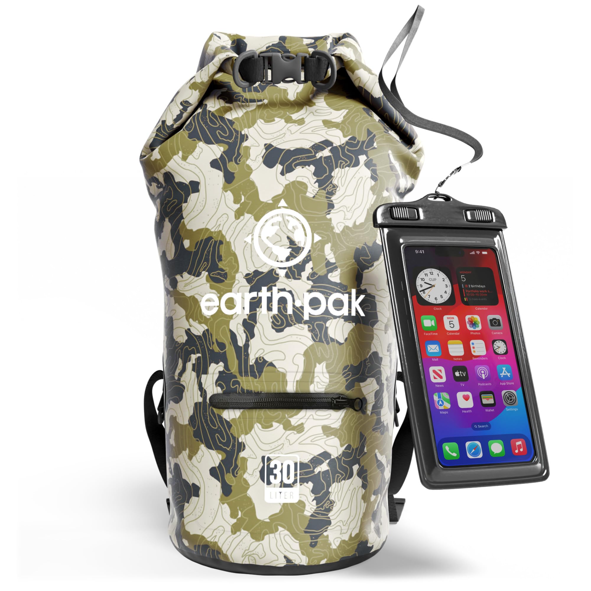 Earth Pak Borsa Impermeabile con Tasca Frontale - Ideale per Kayak, Canottaggio, Pesca, Rafting, Sci, Nuoto, Campeggio, e Snowboarding (Mimetico, 30L)