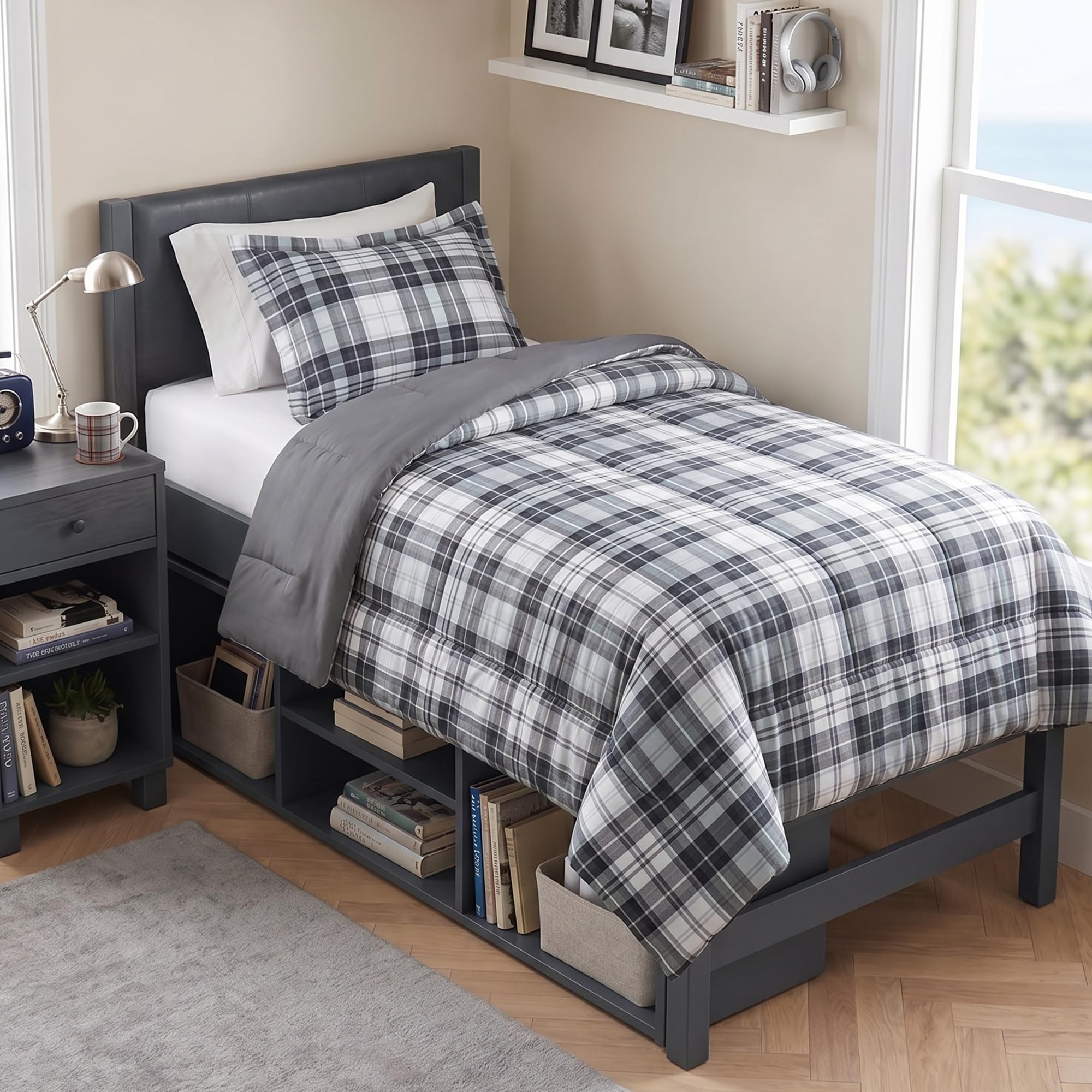 Madison Park Madison Park Essentials Parkston Plaid Comforter Set Soft Brushed Microfiber College Bedding, 3M Scotchguard Stain Release Cover, Modern All Season Cabin Bedding, Twin/TwinXL, Black, 2 Piece, Black/White, Twin/Twin XL