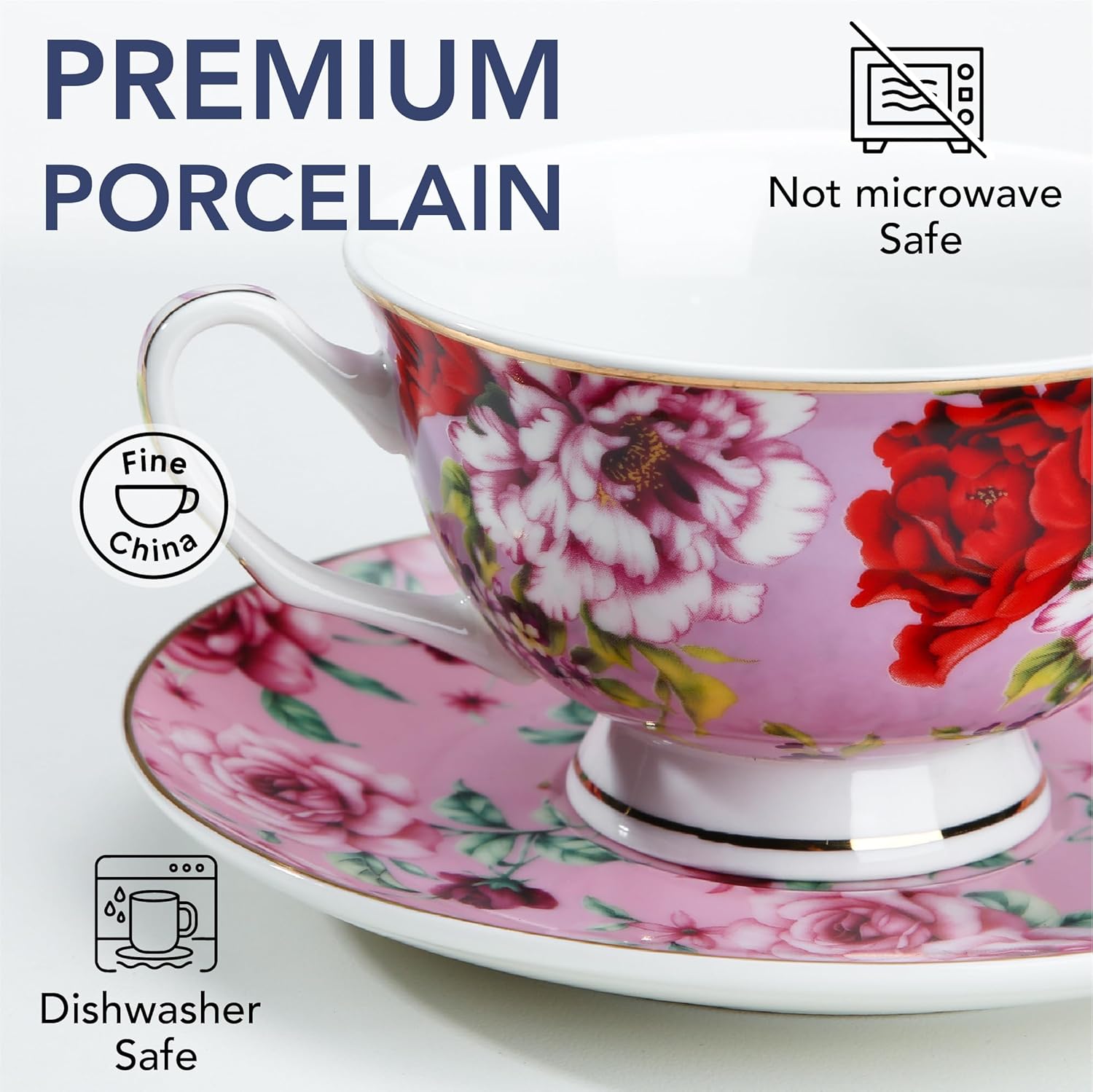 BTaT- Floral Tea Cups and Saucers with Spoon, 8 oz, 6 Set, Porcelain Tea Cups Sets, Dishwasher Safe