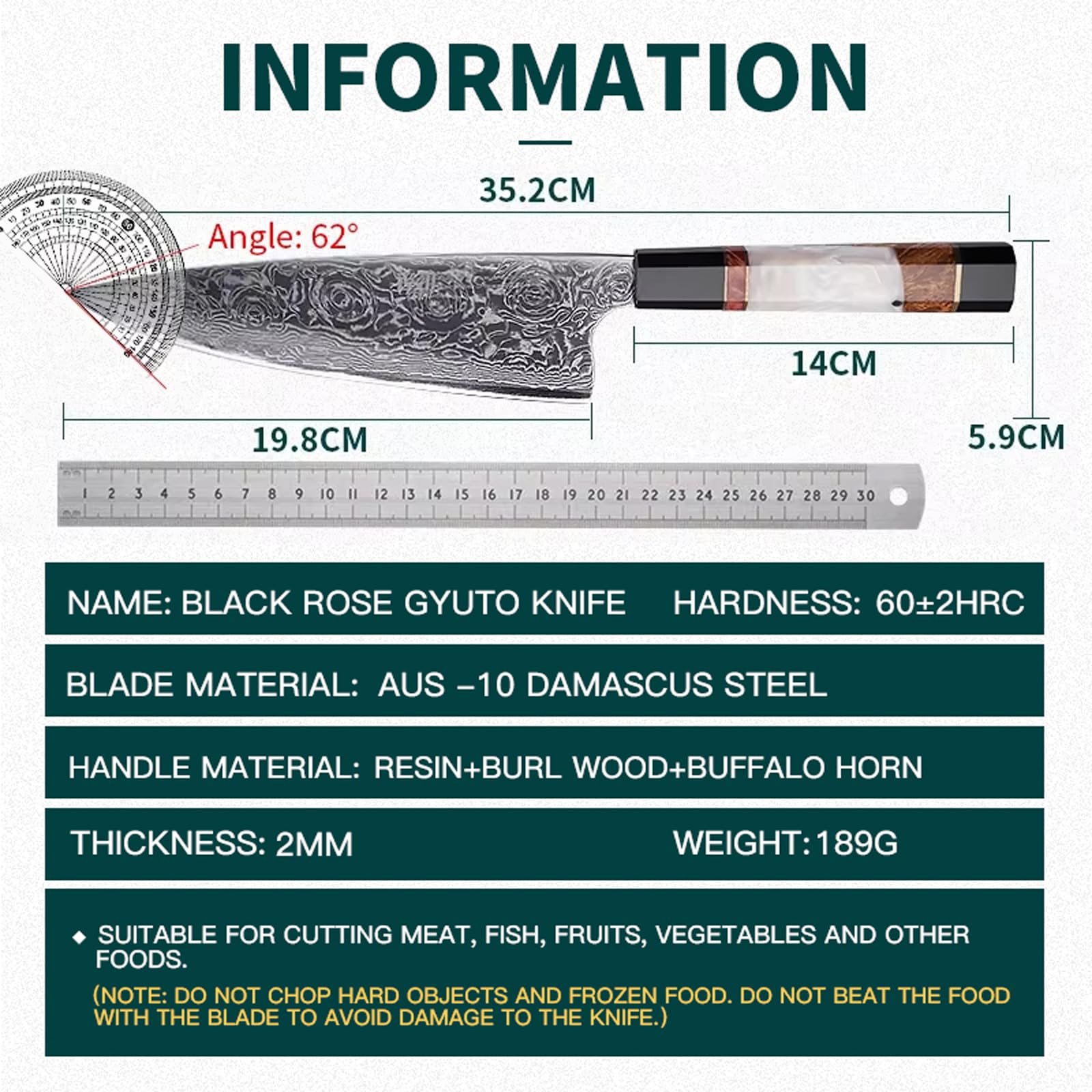 FINDKING Gyuto Messer 19,8cm, Damaststahl Kochmesser BLACK-ROSE Serie | Gyuto Messer, 19,8cm Klinge, Damaststahl, Japanischer Stil, Kochmesser, Präzisionsschnitt, Fleisch Gemüse Küche