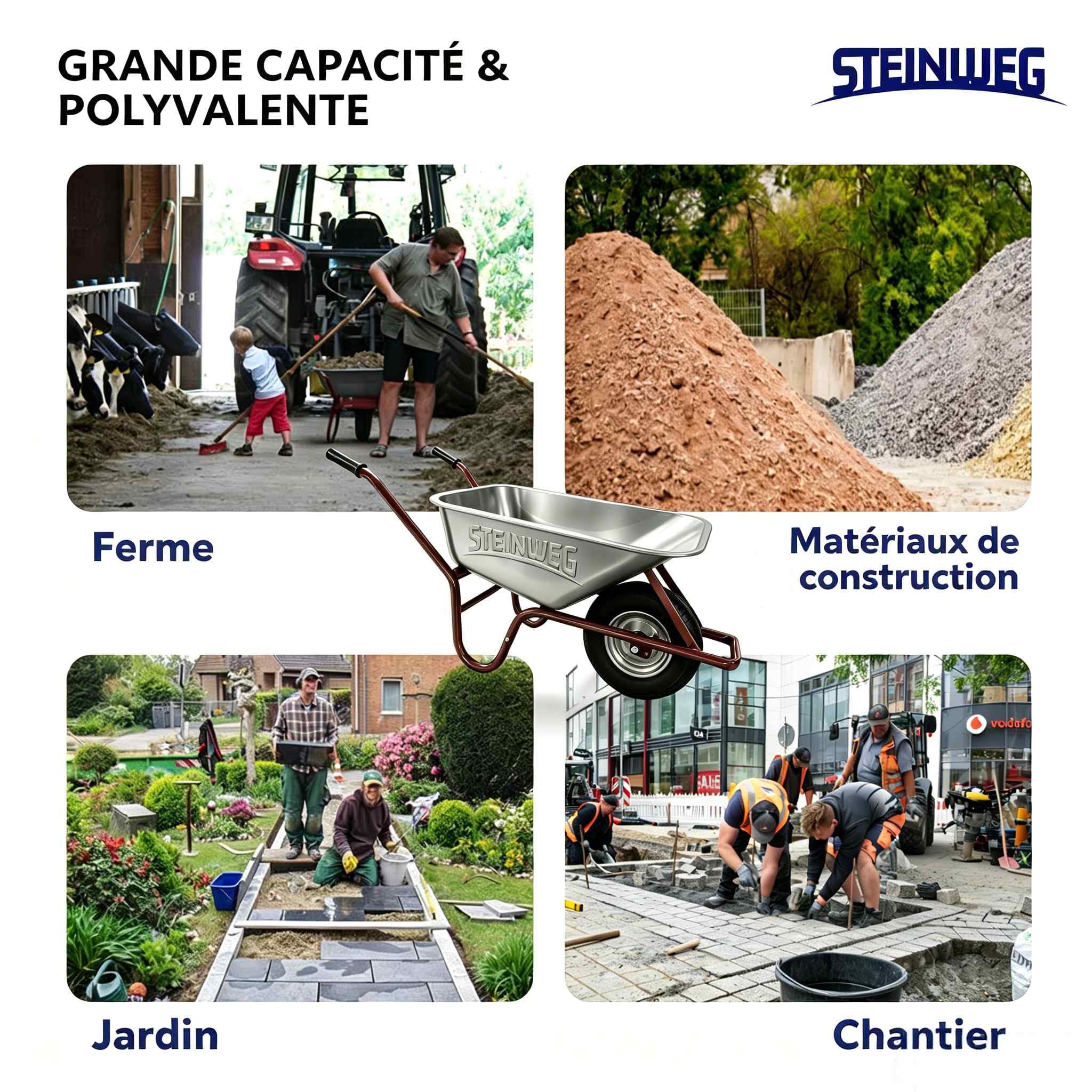 STEINWEG - Brouette de chantier - 100 l - 250 kg - Pneus pneumatiques avec bac galvanisé - Construction robuste pour le jardin et les besoins de construction - Pneus pneumatiques avec jantes en acier