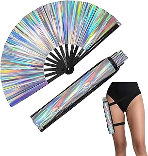 Hasina Large Rave Folding Hand Fan with Leg Strap, Bamboo Handheld Fan for Men Women, Laser Design for Club, Party, Dance