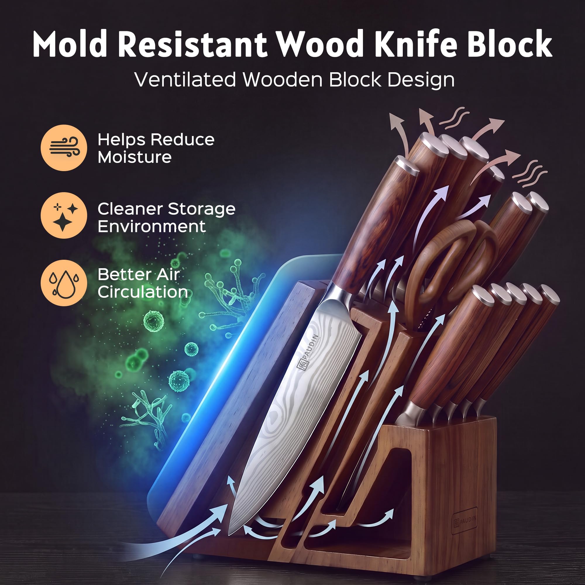 PAUDIN 16-Piece Kitchen Knife Set with Block, Built-in Sharpener, Ultra Sharp 5Cr15Mov Stainless Steel Chef Knives, Natural Wood Handles, Steak Knives, Scissors & Honing Rod, Complete Cutlery Set — Amazon image 5