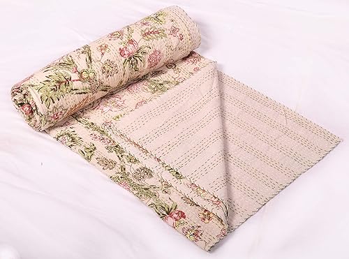 Miniatura 2 de Colcha india Vintage Kantha Colcha Colcha Manta Algodón Floral Estampado Melocotón Claro Hecho A Mano Gudari Individual