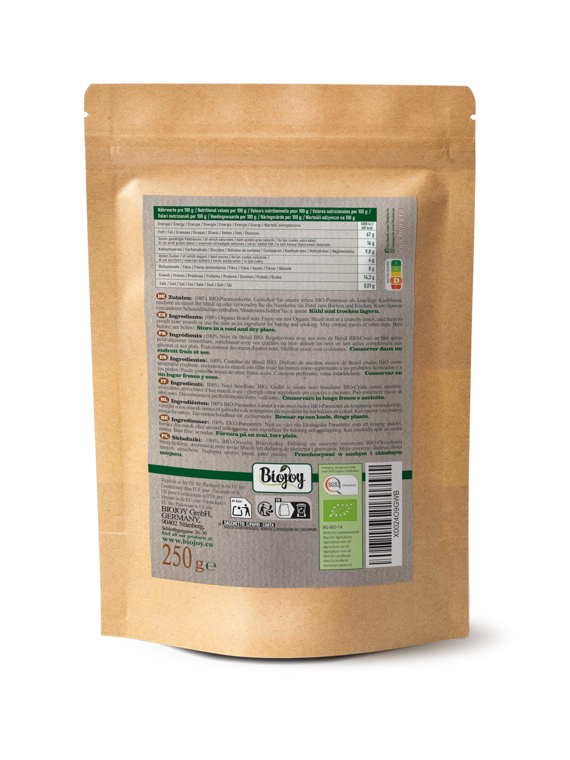 Biojoy Noix du Brésil BIO (250 g), entières, décortiquées et sans additifs