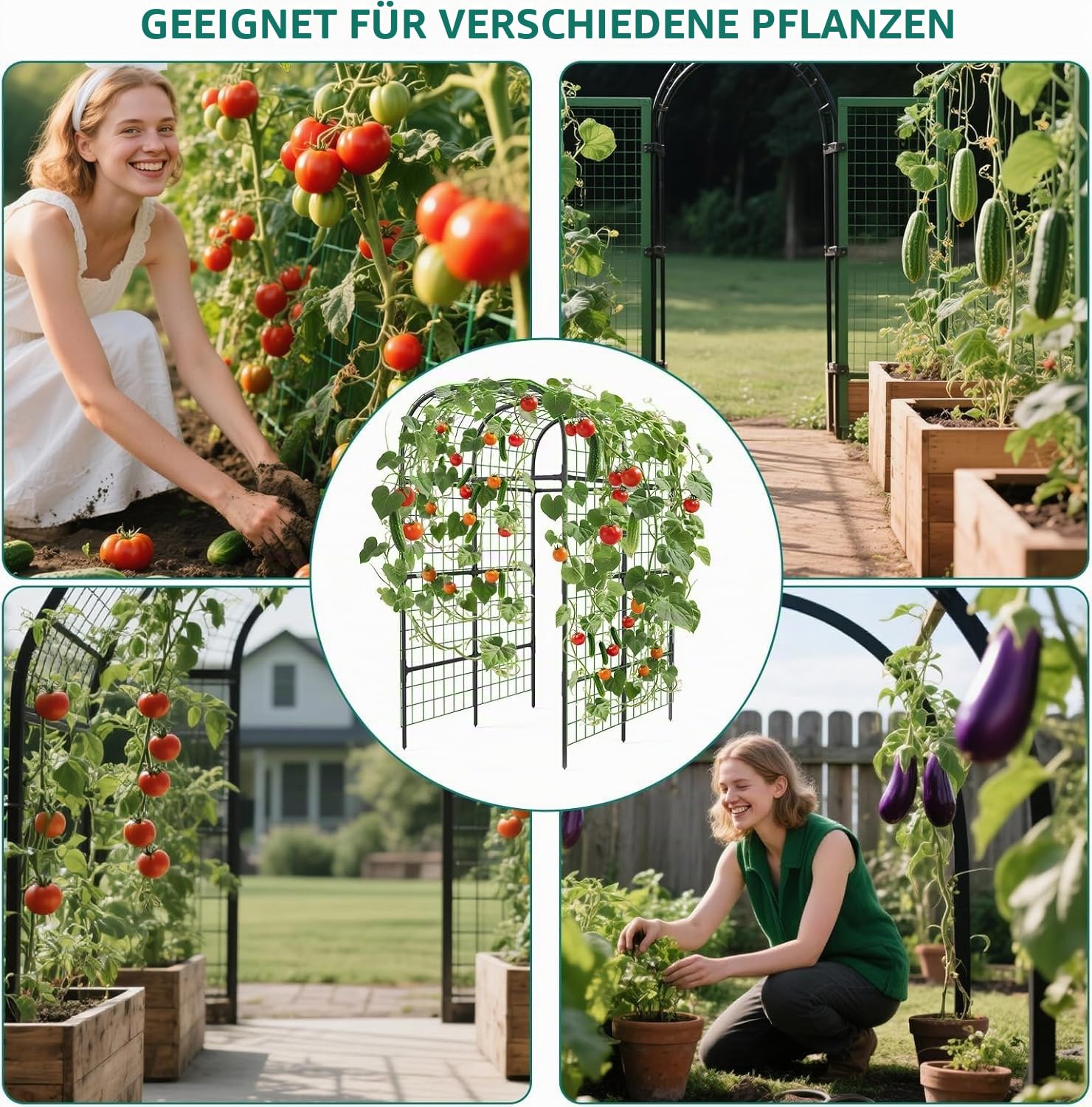U-förmiger Rankgitter Garten,124x180x224cm Gartenbogen Metall, Universelle Rankhilfe mit Ranknetz für Gurken, Erbsen, Rosen & Kletterpflanzen, Spalier Stützgitter für Garten und Gewächshaus