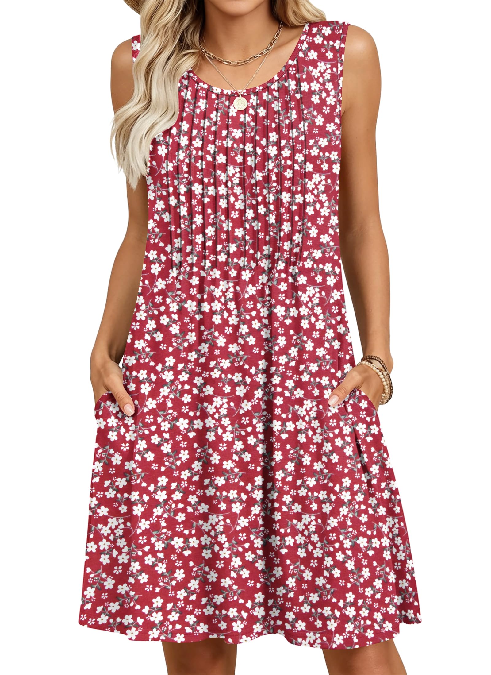 MOLERANI Women Summer Dresses - Round Neck Ladies Floral Sleeveless Tank Beach Midi Dresses with Pockets Knee Length Red Floral 2XL