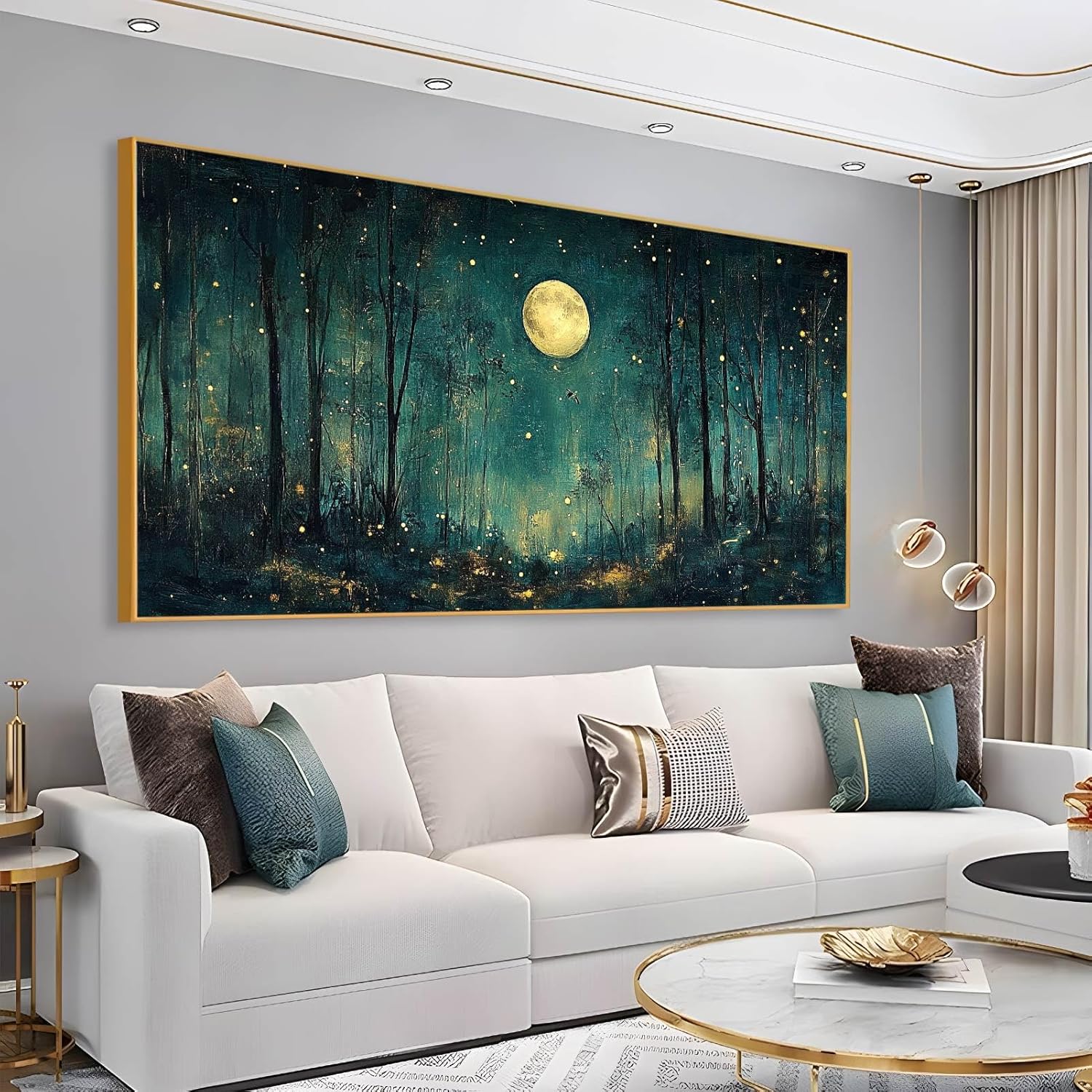Dark Forest Moonlit Night Sky Canvas Art, Midnight Landscape Nature Poster, Modern Farmhouse Living Room Wall Decor (Gold Framed, 55"x27" | 140x70cm)