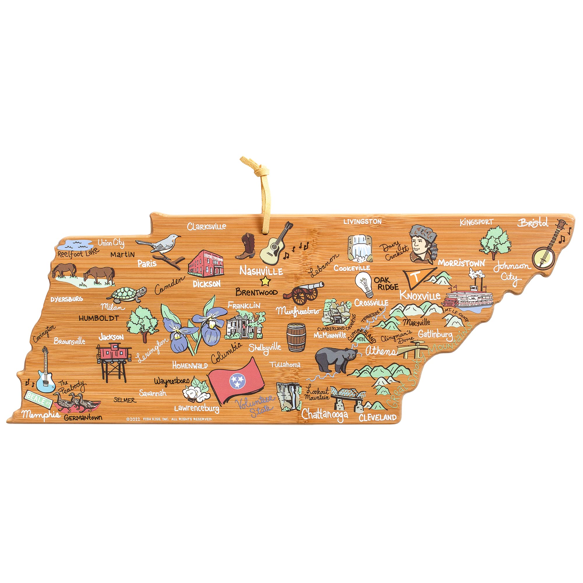 Totally Bamboo Tennessee State Shaped Cutting Board and Charcuterie Serving Platter with Artwork by Fish Kiss, Includes Hang Tie for Wall Display