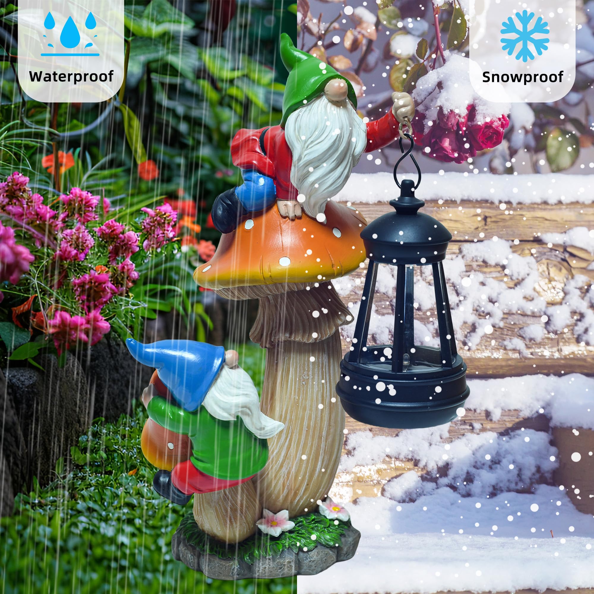 YUETJIN Divertente gnomo da giardino che si arrampica su fungo con una lanterna LED solare in resina a forma di fungo statua per patio, cortile, prato, portico, decorazione