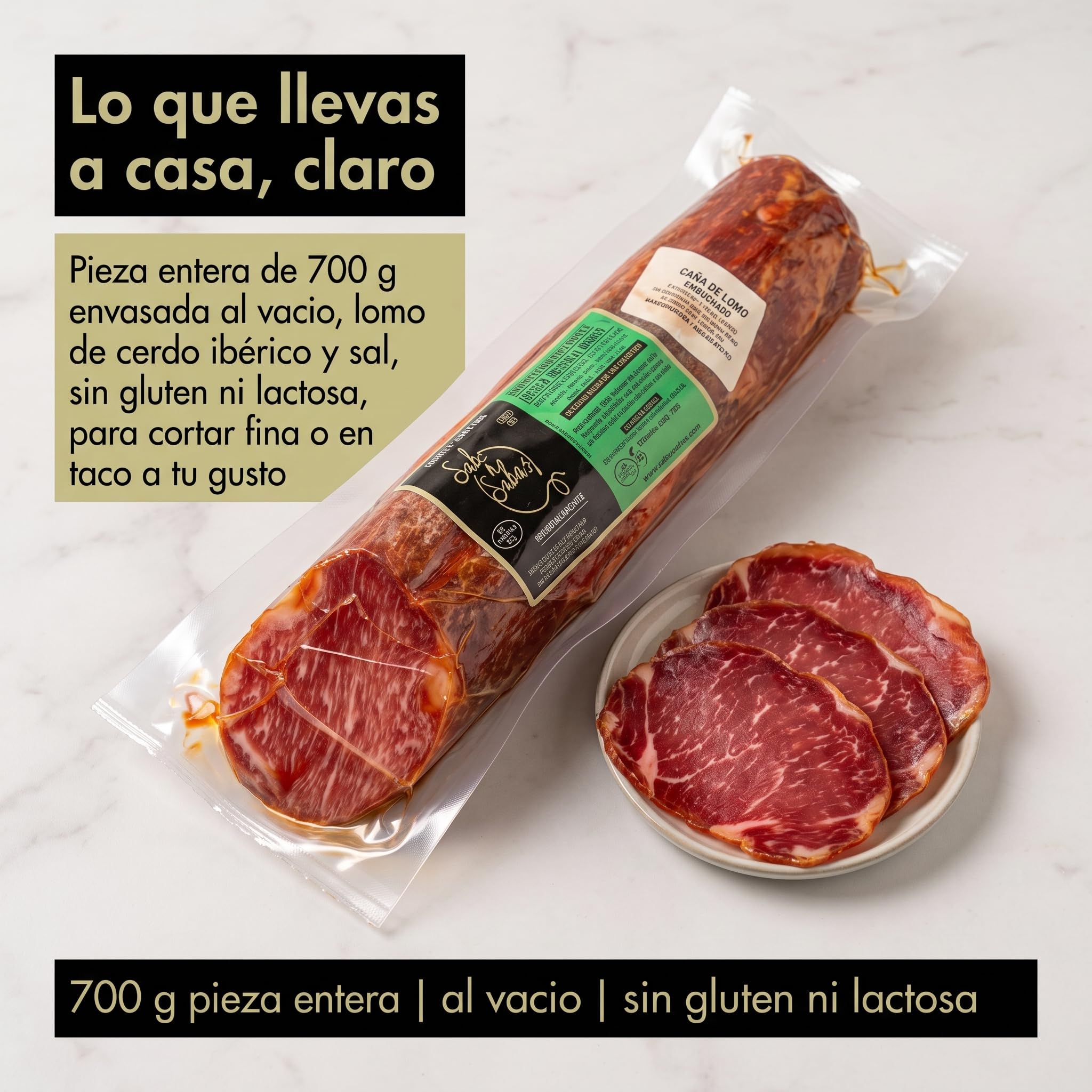 Lomo Embuchado Iberico Cebo de Campo 75% Raza Iberica Pieza Entera 700 g | Caña curada al vacio, curacion lenta; corta fina para tabla, aperitivo o bocadillo. Sin gluten ni lactosa. Cesta y regalo