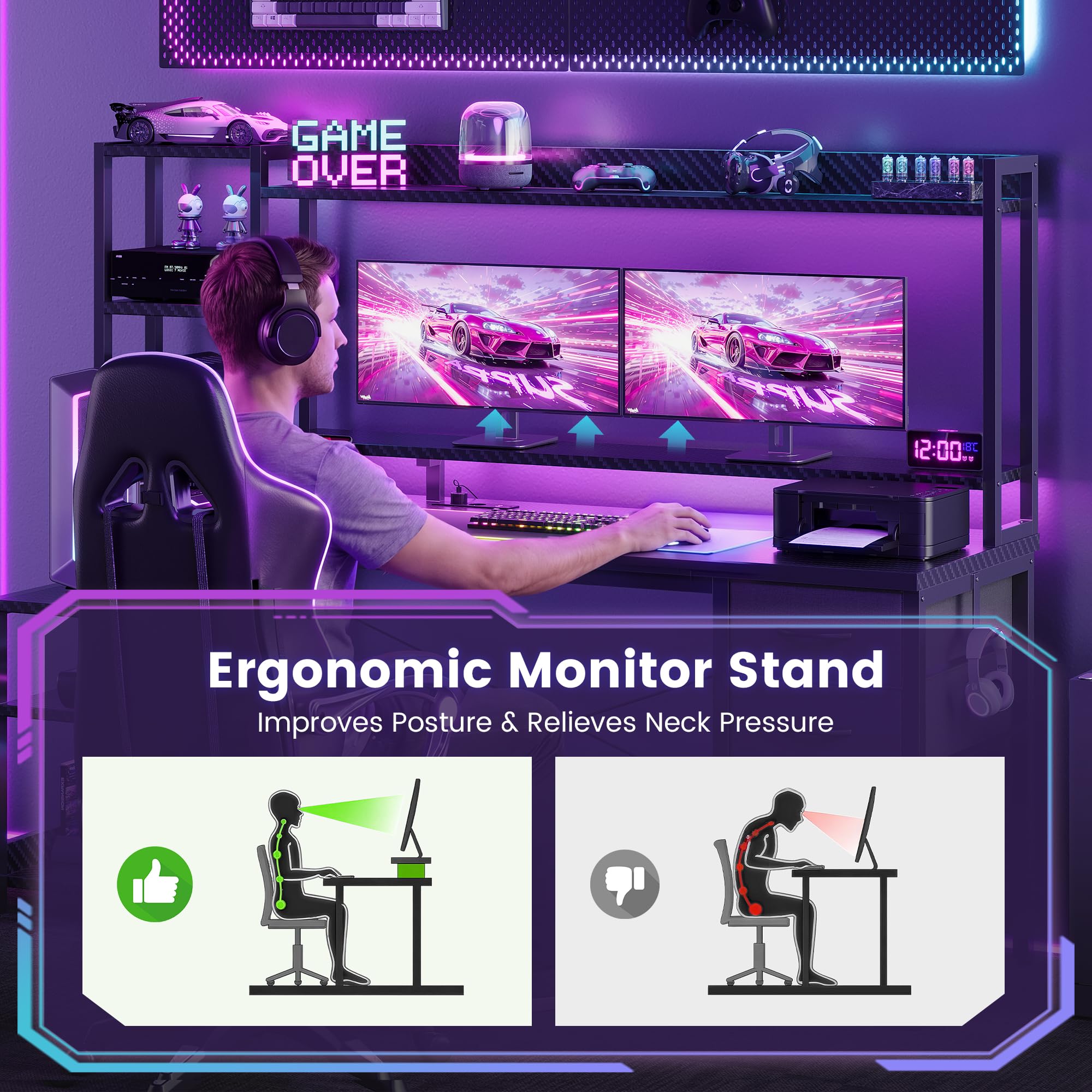 YOUDENOVA Scrivania da gioco con cassetti e ripiano, 150 x 48 cm, tavolo da gaming con LED, presa e USB, scrivania per computer con supporto per monitor, ripiani e supporto per cuffie, fibra di