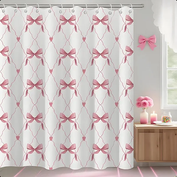 Pink Bow Shower Curtains 72"x 72",Cute French Preppy Style Bathroom Curtain,Soft Aesthetic Waterproof Fabric Curtain for Bathroom,Girl Pink Room Decor for Women Teens Girls Daughter
