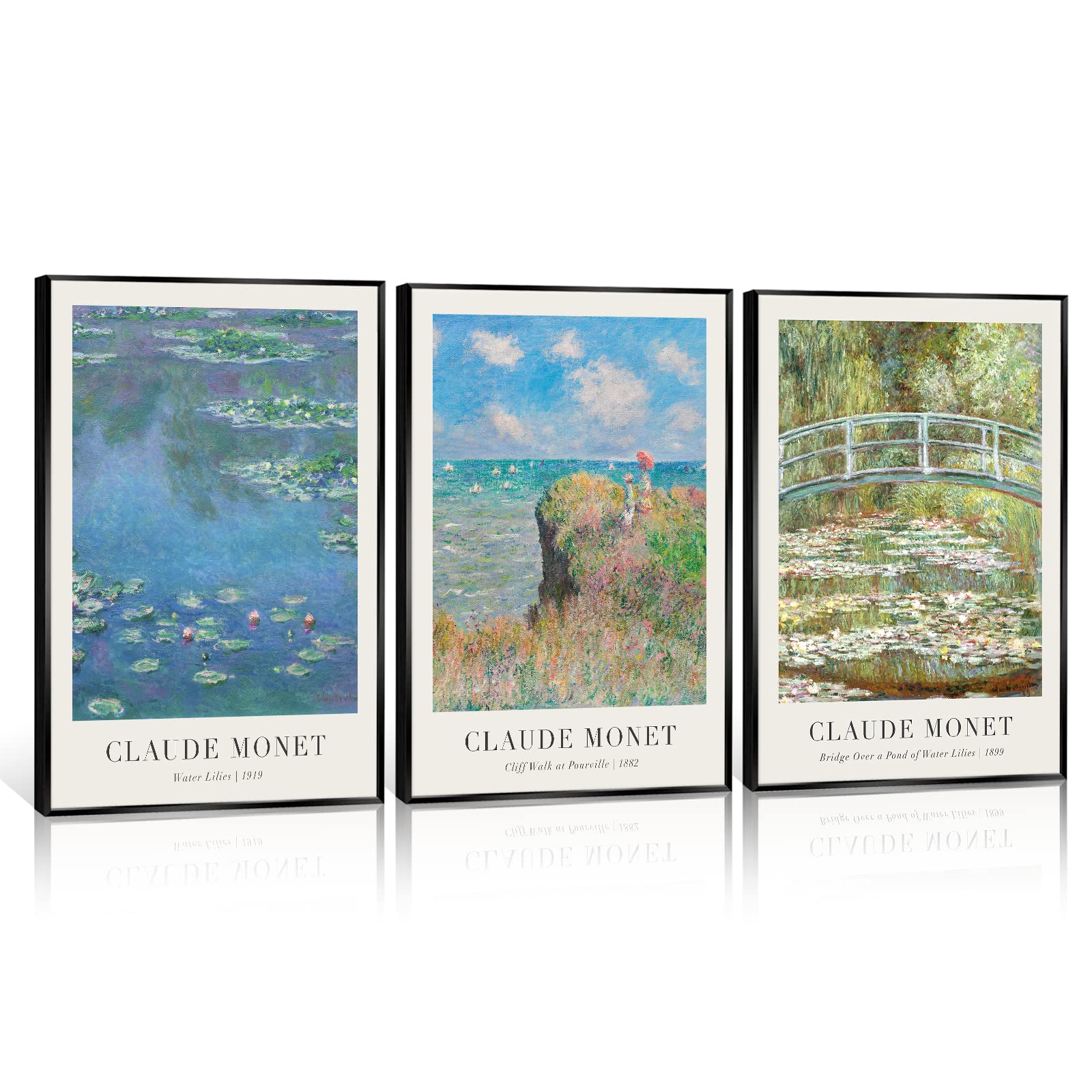 NONPAI Vintage Claude Monet Poster Famous Water Lilies Canvas Wall Art Cliff Walk At Pourville Print Painting Botanical Floral Pictures Wall Decor for Living Room Bedroom 3 Set 24x36in Framed