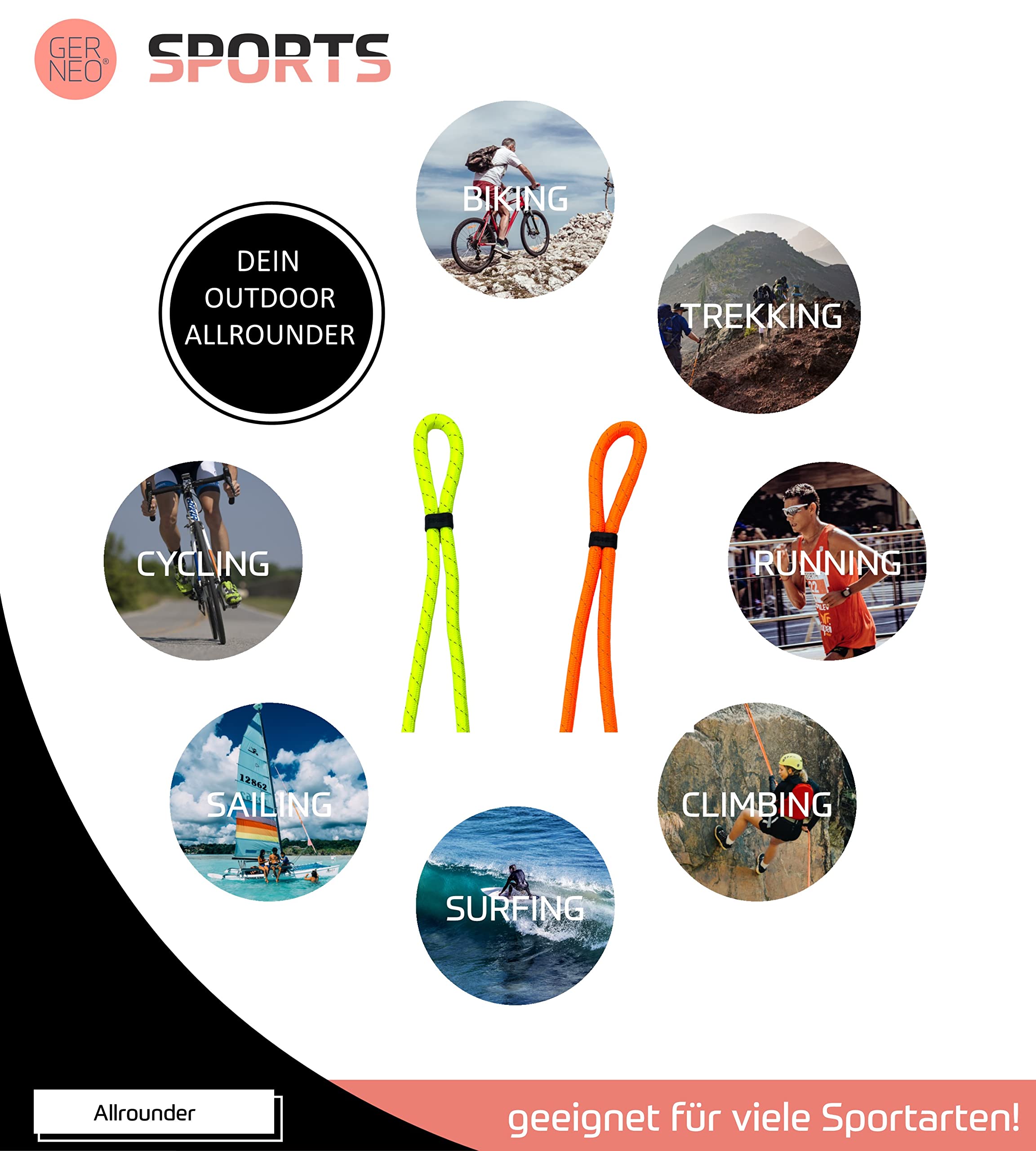 ORIGINAL – schwimmfähiges Sport Brillenband Neopren – reflektierenden Streifen – diverse Farben – verstellbar mit Kabelzug – wasserfestes Sportbrillenband & fester Halt für Wassersport