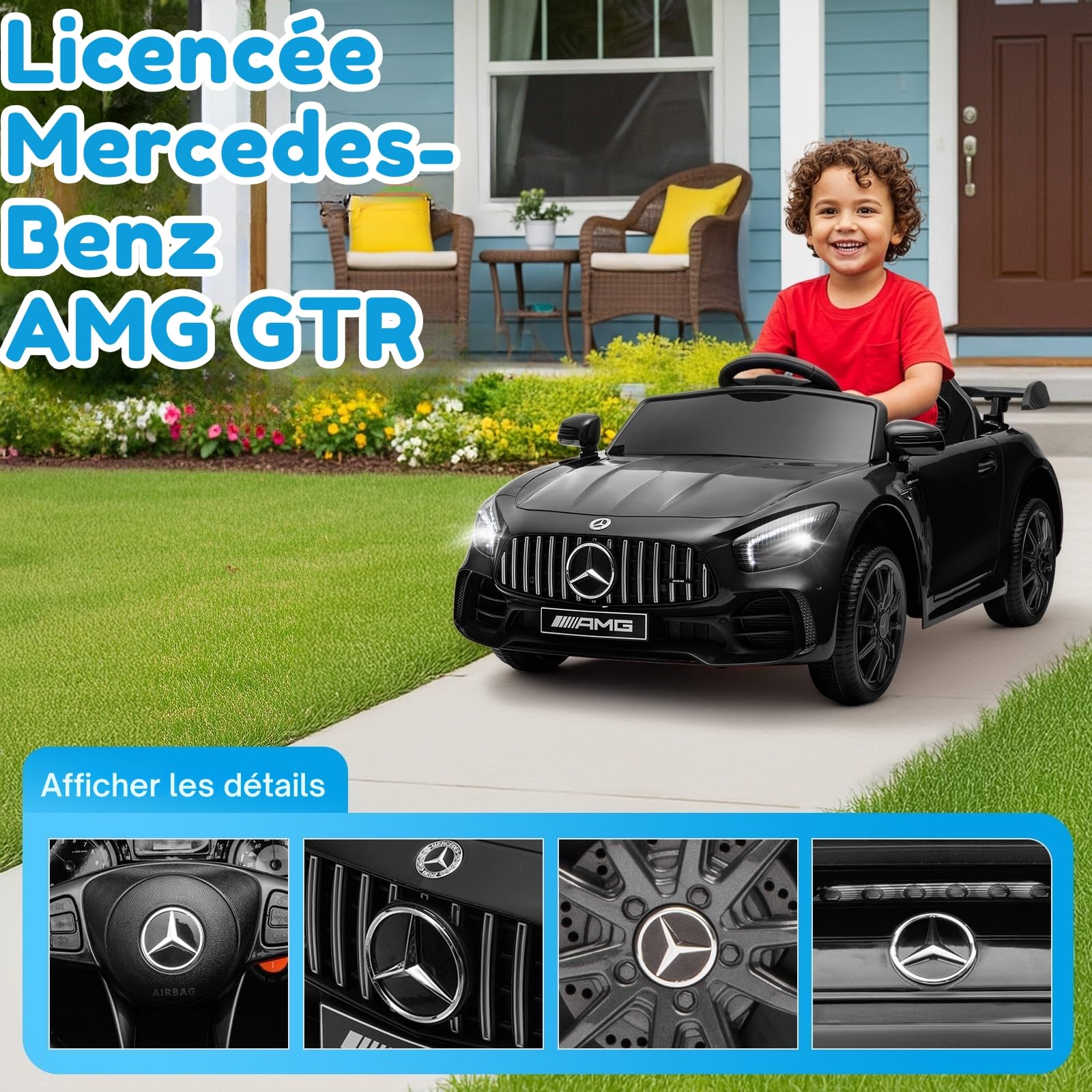 LALAHO Voiture électrique pour Enfants Mercedes GTR，Véhicule Electrique Enfant 3 à 6 Ans avec Télécommande 2.4G，2 Portes avec MP3 (Noir)