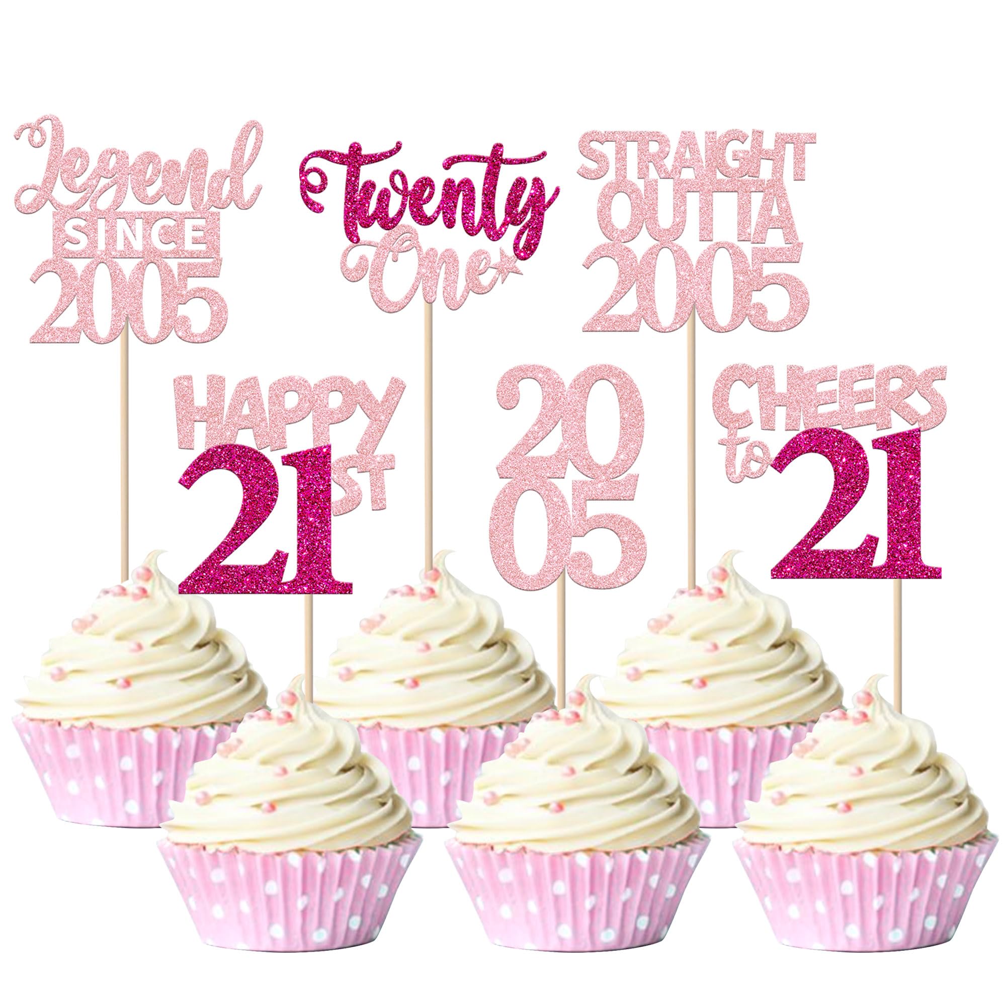 Xsstarmi 24 Pack 21st Birthday Cupcake toppers Pink Glitter Cheers to 21 years old Cupcake Picks for Hello twenty one Legend Since 2005 Birthday Party Cake Decorations Supplies