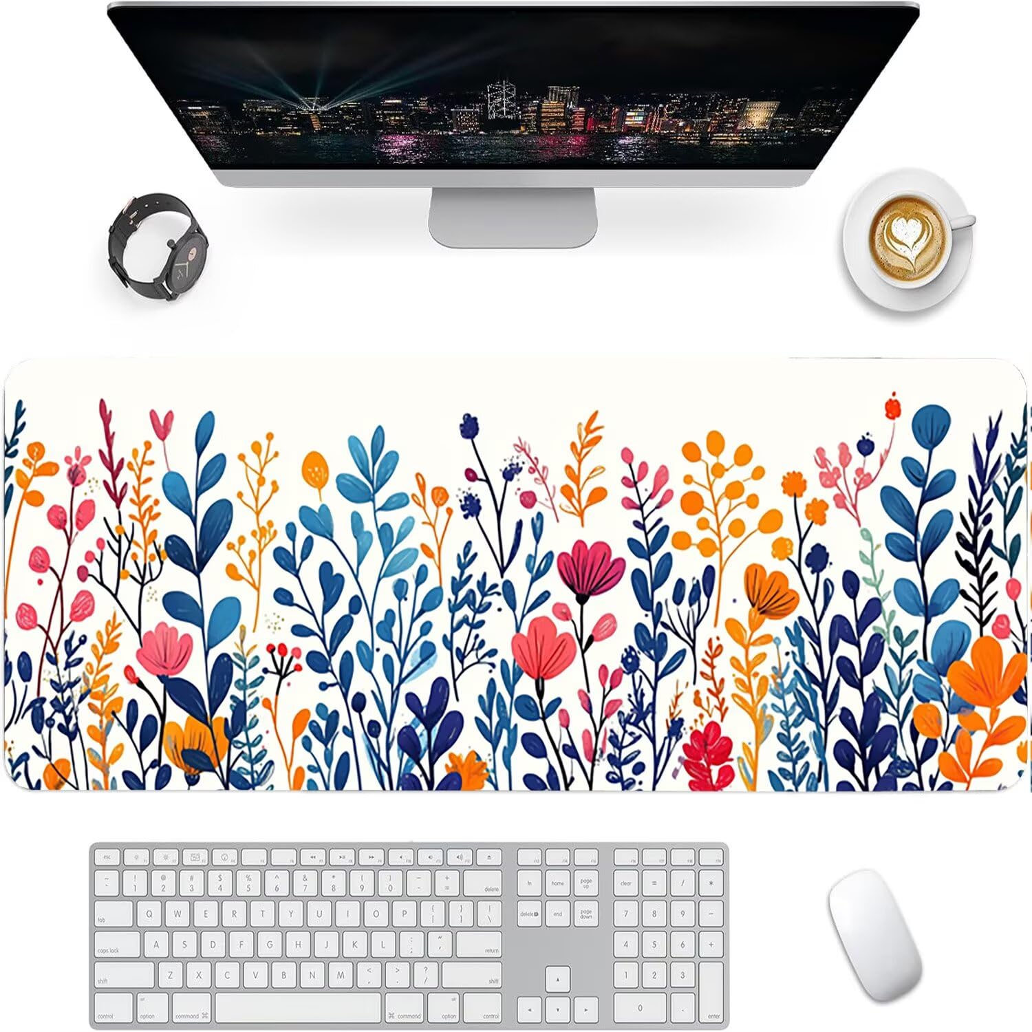 Podkładka pod mysz do gier XXL z białym kwiatem, podkładka pod mysz XXL - 1400 x 600 x 3 mm, podkładka pod mysz matowa, bardzo duża z tkaniny, antypoślizgowa podstawa, dla graczy, osobista -43123