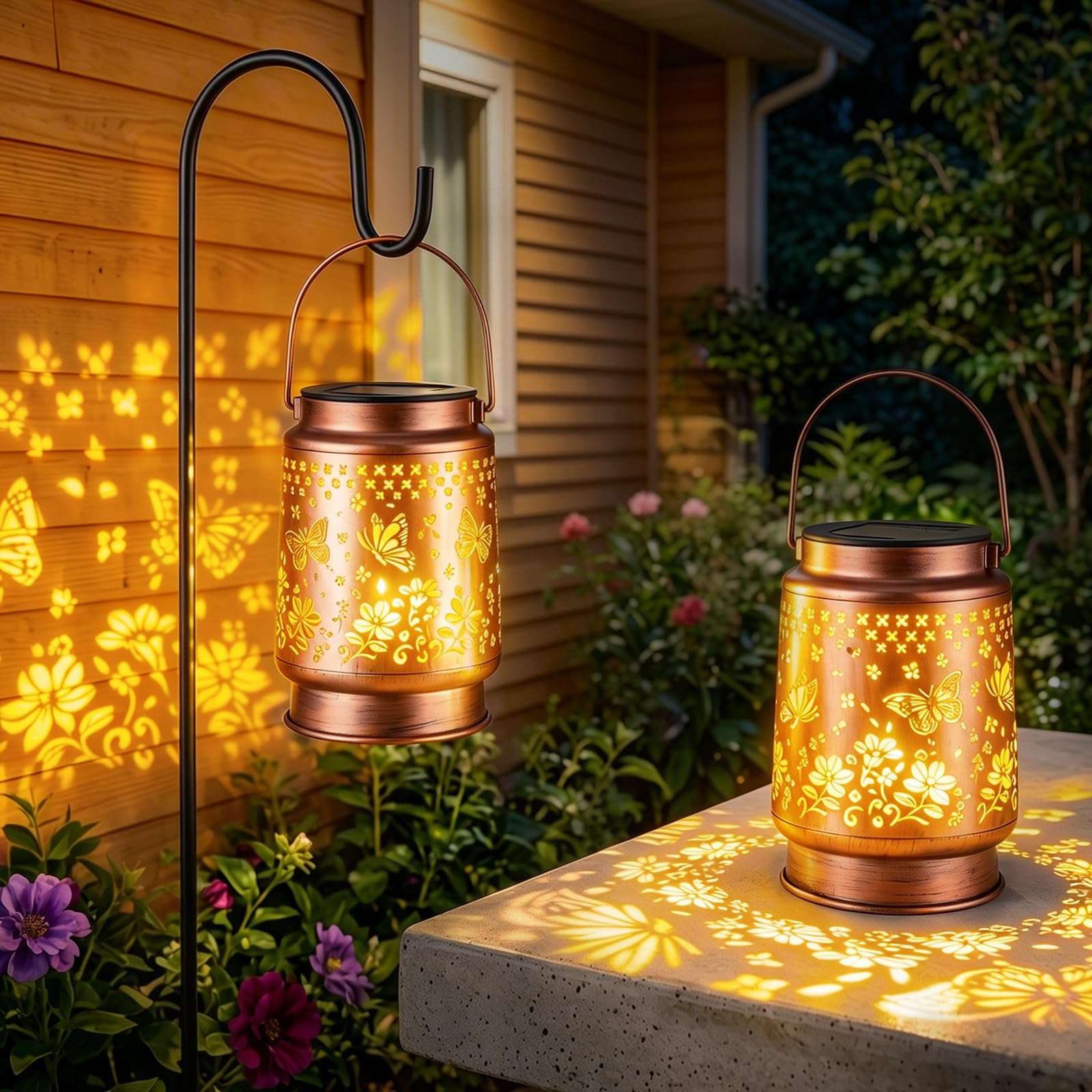 Innvist Bronze (2Pcs) Solar Lanterns Light, 2 Pack Solar Lantern For Garden, Garden Ornaments Outdoor With Butterfly Pattern, Ip65 Waterproof Hanging Solar Lights Metal Decorative For Patio Table Lawn Yard Decor For Gift