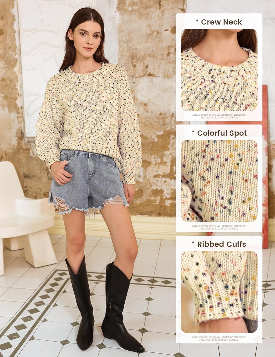 Wyeysyt Womens Sweaters Oversized Rainbow Pom Chunky Sweater Colorful Long Sleeve Knit Pullover Tops - Image 5