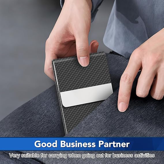 Business Card Holder, Metal Slim Business Card Case, Pocket Card Holder for Women or Men, PU Leather Business Card Holder Case RFID Blocking Name Card Holder with Magnetic Closure, Black Carbon