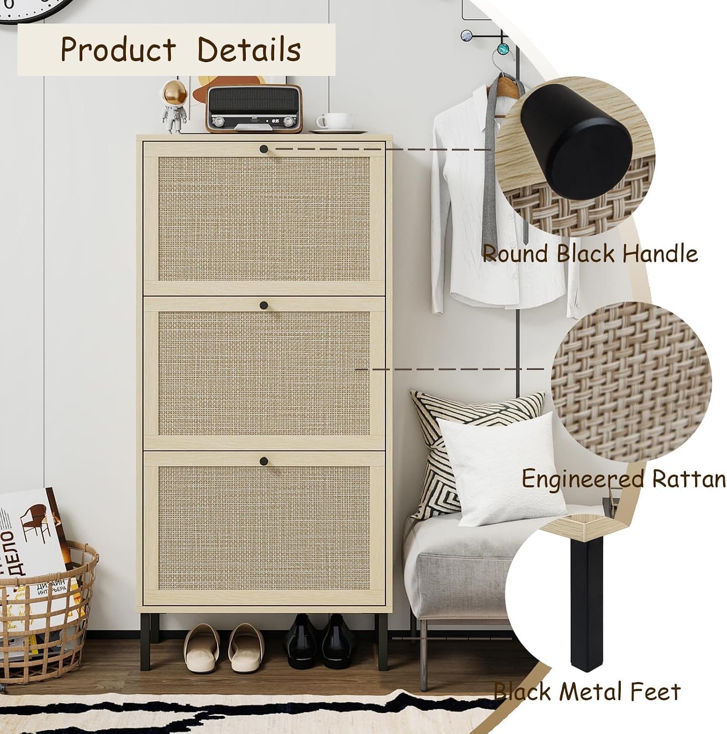 Rattan Shoe Storage Cabinet with 3 Flip Drawers, Modern Slim Wooden Shoe Rack Cabinet for Entryway, Boho Freestanding Narrow Shoe Organizer with Doors for Hallway, Natural