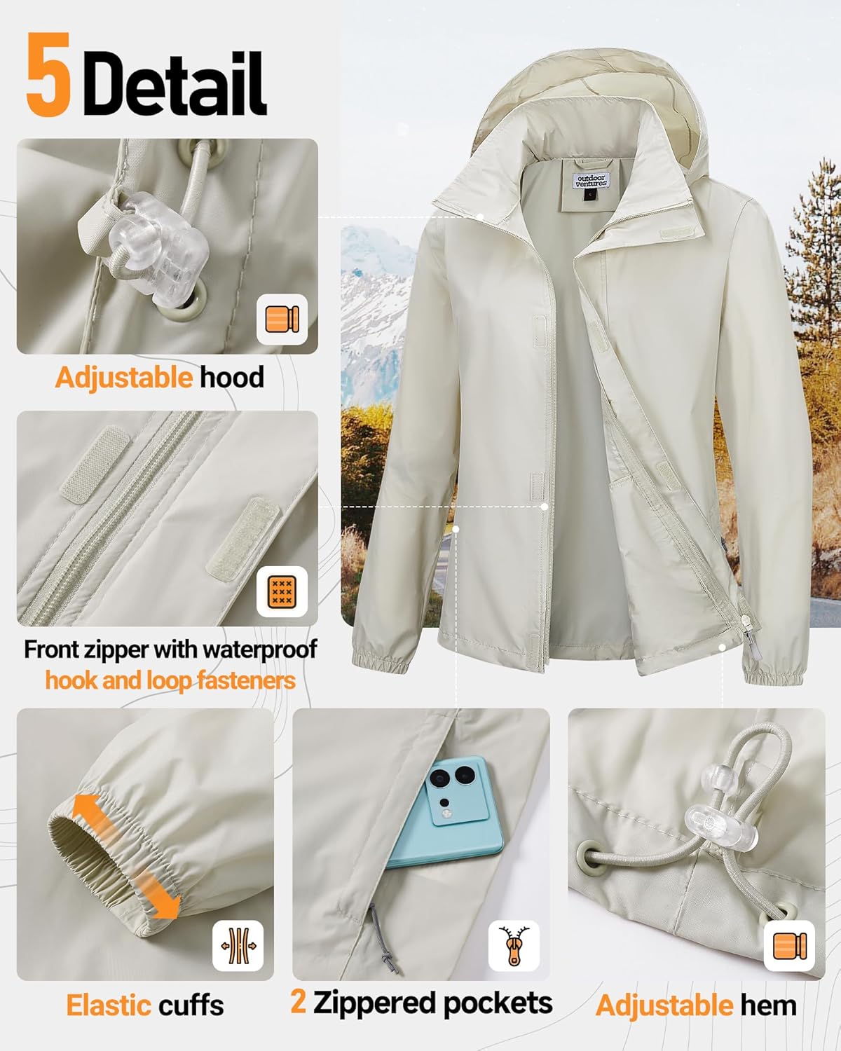 Outdoor Ventures Women's Rain Jacket Lightweight Packable Waterproof Rain Coat with Hood for Travel Golf Hiking Windbreaker