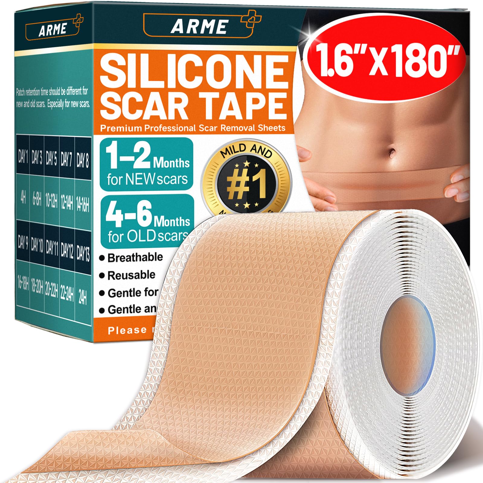 Arme Silicone Scar Tape, Silicone Scar Sheets for Surgical Scars(1.6"x180" Roll-4.6M), Medical Grade Scar Tape Reusable Sheets for Scar Treatment,