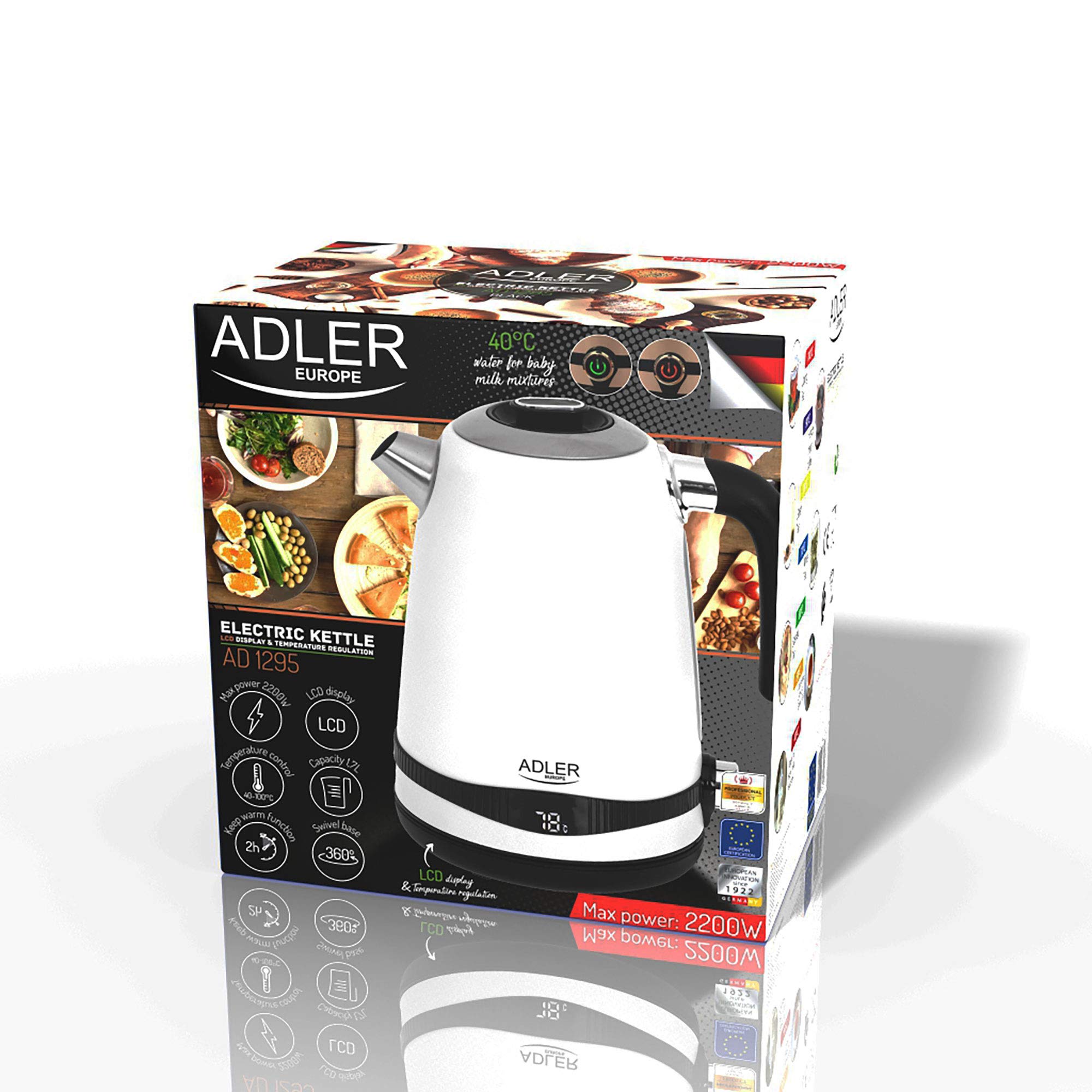 Adler - Bollitore ad 1295 W SS bianco satinato 1,7 L con display LCD e regolazione della temperatura