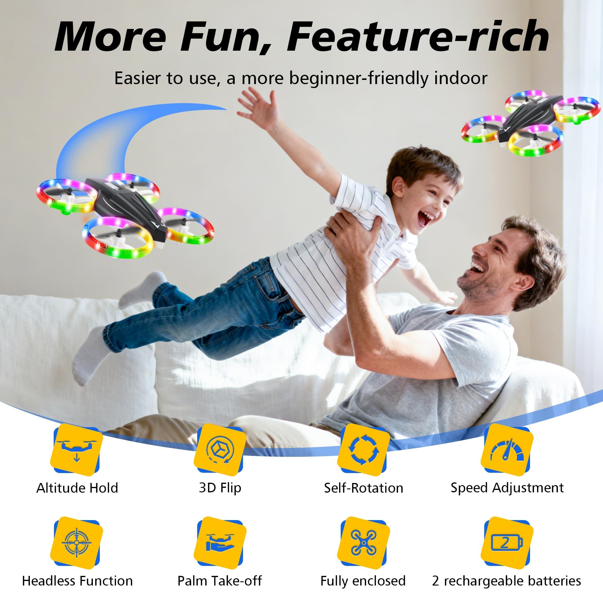 Mini-Drohne für Kinder, ferngesteuertes Spielzeugflugzeug für Kinder und Anfänger mit LED-Lichtern, ferngesteuerte Drohne mit 360°-Drehung, 2 Akkus