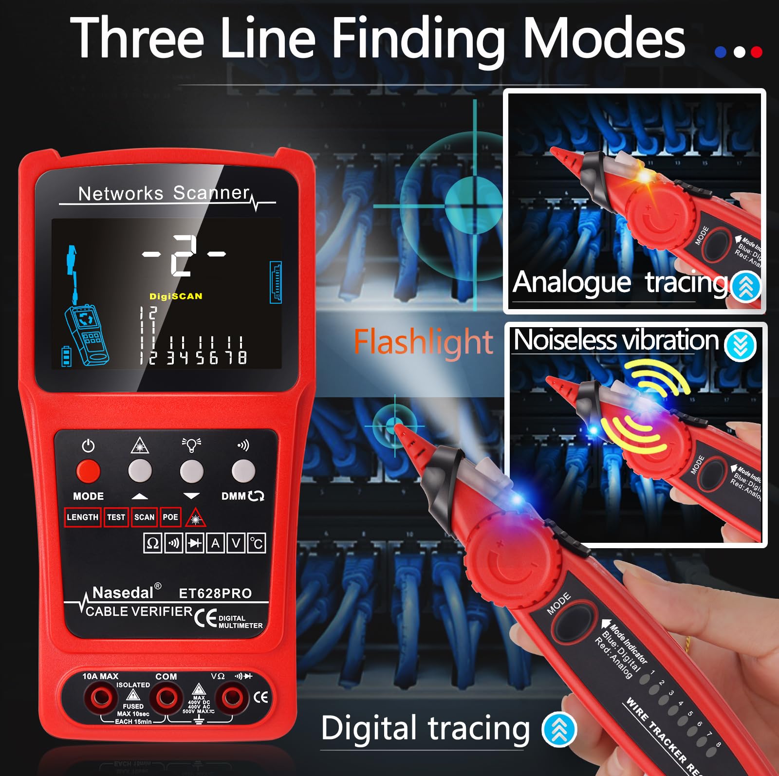 Network Cable Tester Wire Tracker Tone Generator Ethernet Tester Multimeter VFL 3-in-1 RJ45 CAT5 CAT6 CAT7 CAT8 RJ11 Tone Cable Length Cable Mapping Test (ET628 PRO) - Image 4