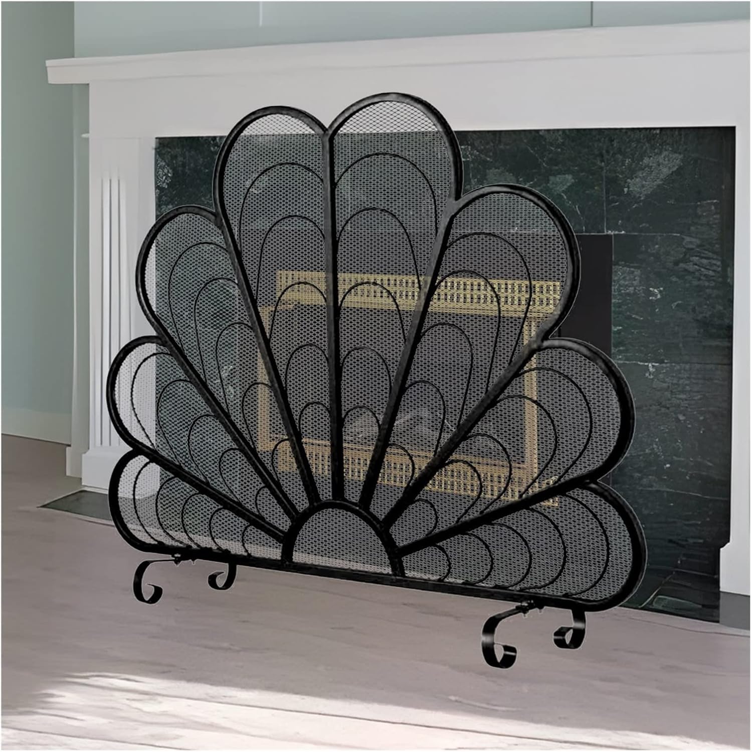 Protector de malla metálica con elegante forma de pluma de pavo real negra