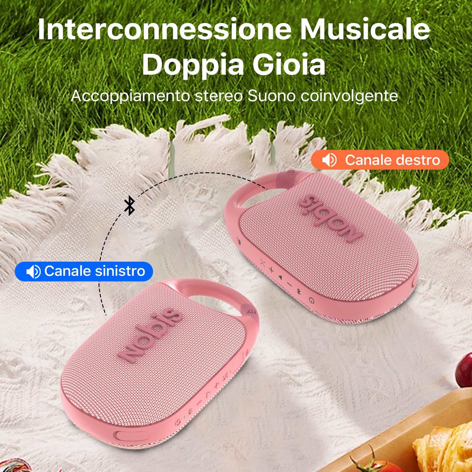 NOBIS Cassa Bluetooth Portatile Clip N1,Cassa Bluetooth Doccia IP68, Fino a 24h di Riproduzione, BT 5.3, Suono HD, Accoppiamento Stereo, EQ Mode e Modalità Beat