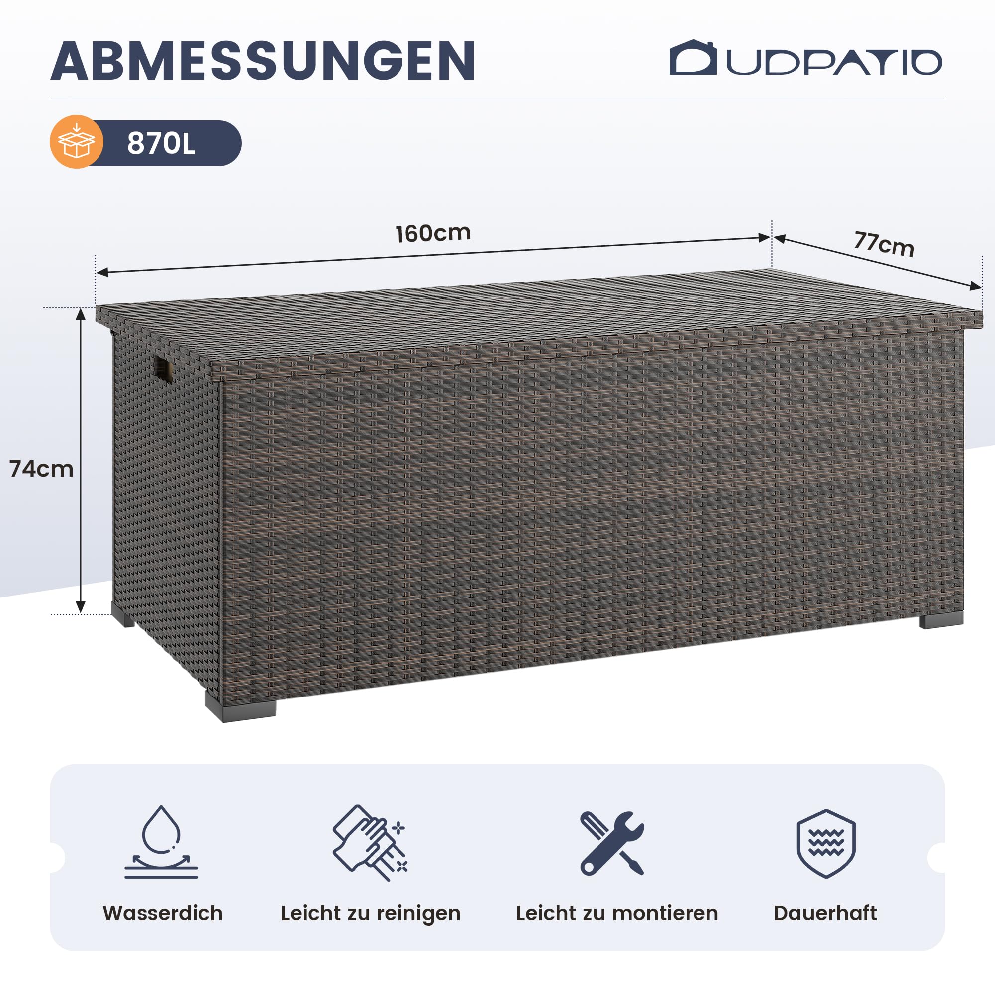 UDPATIO Gartenbox Wasserdicht 870L, Aufbewahrungsbox Garten XXXL, Auflagenbox Wetterfest, Kissenbox Outdoor mit Deckel, Gasdruckfedern, ideal für Garten, Terrasse & Balkon | Braun