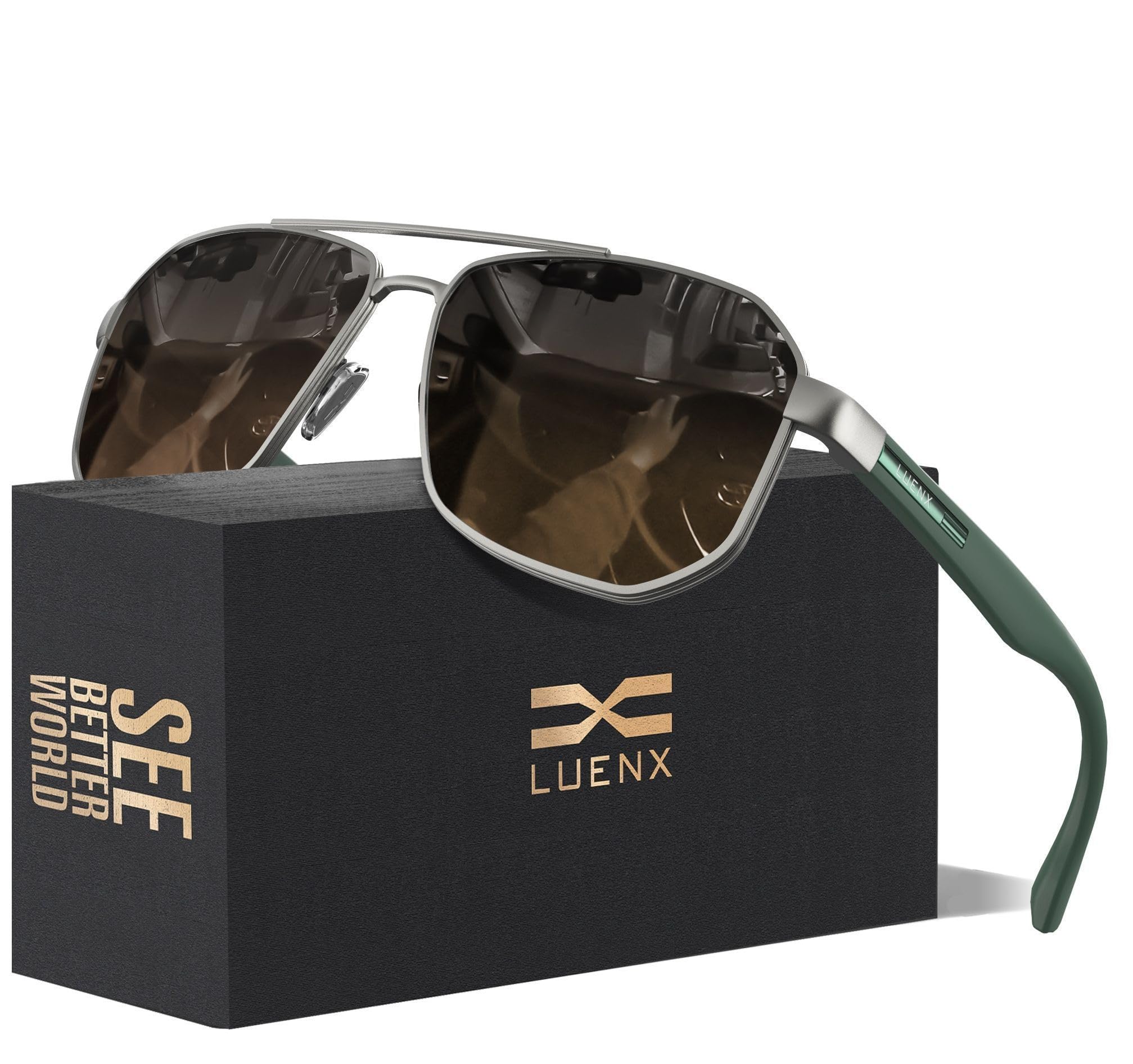LUENX Aviator Sunglasses for Men Square Polarized Polygon Lens - UV 400 Protection with Accessories 61MM Driving Outdoor
