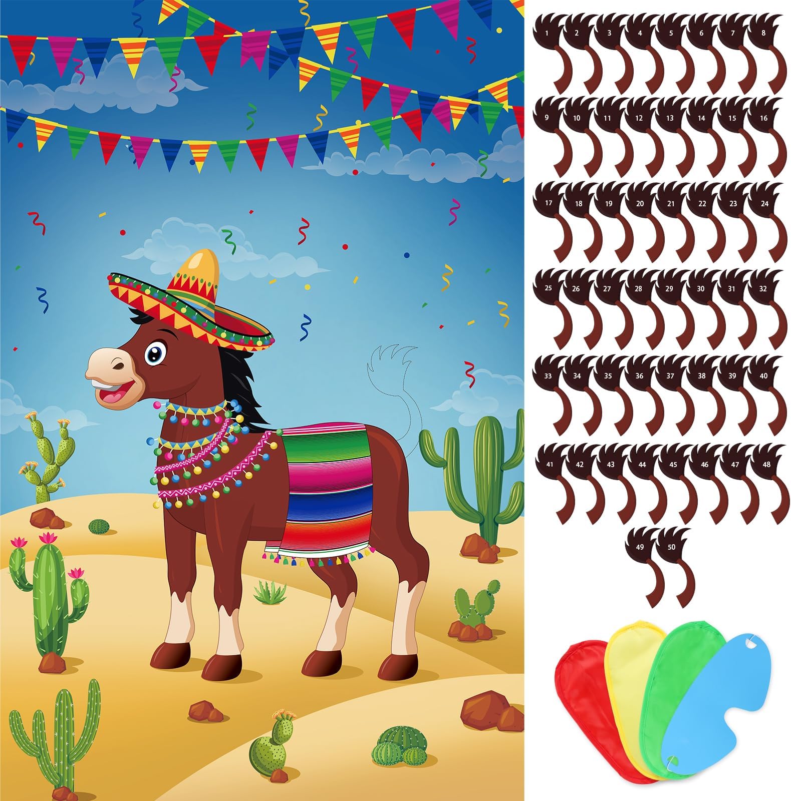Hxezoc Pin The Tail On The Donkey Party Game With 50 Pcs Tails Large Mexican Donkey Games Poster for Kids Birthday Party Carnival Fiesta Party Supplies
