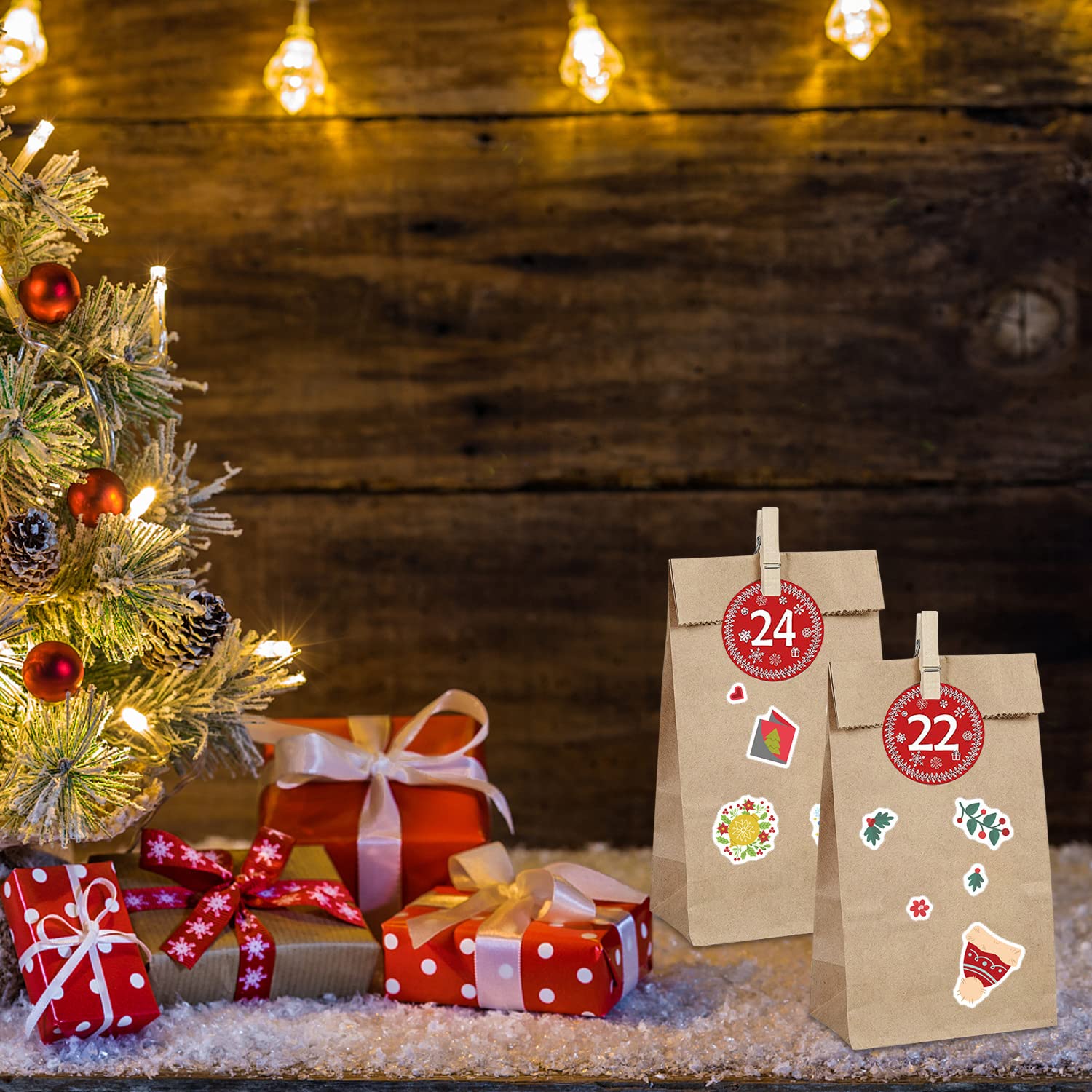 Pegatinas rellenables para calendario de Adviento 24 bolsas papel kraft navideñas números clips cordeles bricolaje