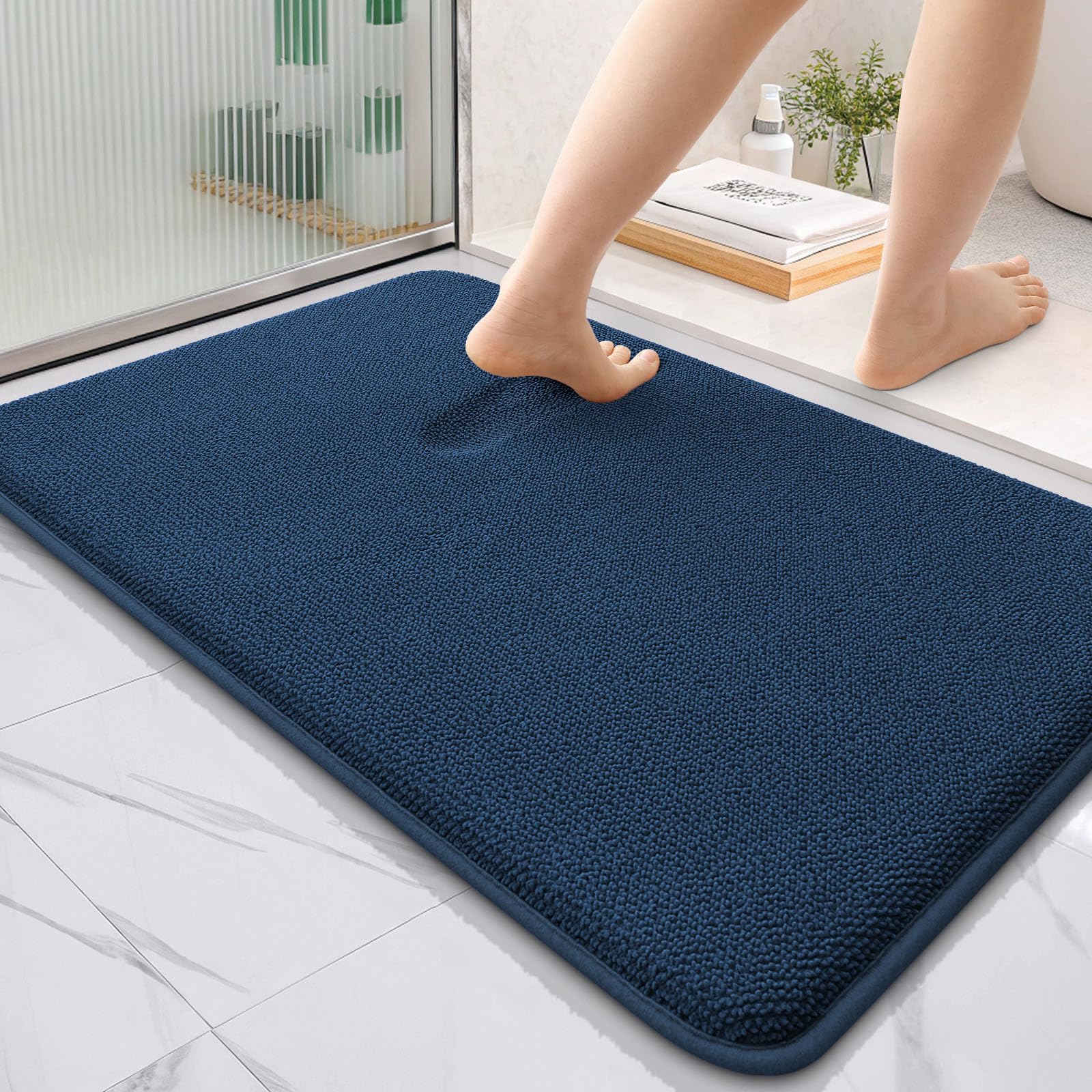 OLANLY Thick Memory Foam Bathroom Rugs 35x24, Soft Absorbent Bath Mat, Navy