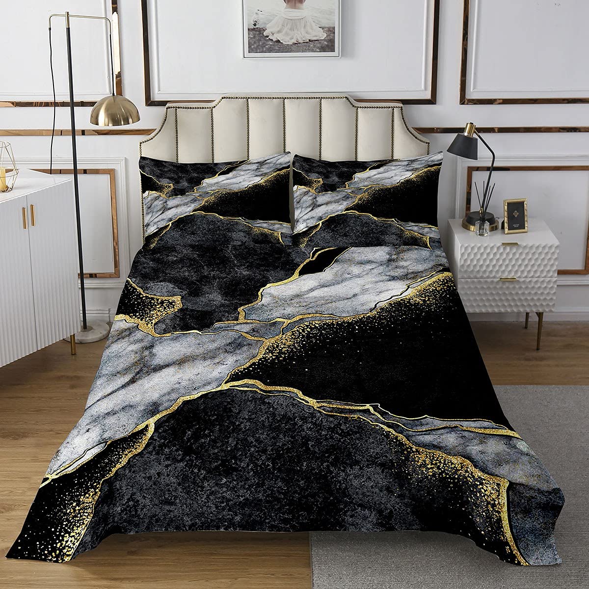 Homemissing Copriletto trapuntato in marmo nero e oro con linee incrinate dorate, set di trapunta con texture in marmo bianco e grigio, set moderno di lusso, trapuntato, 3 pezzi, king size